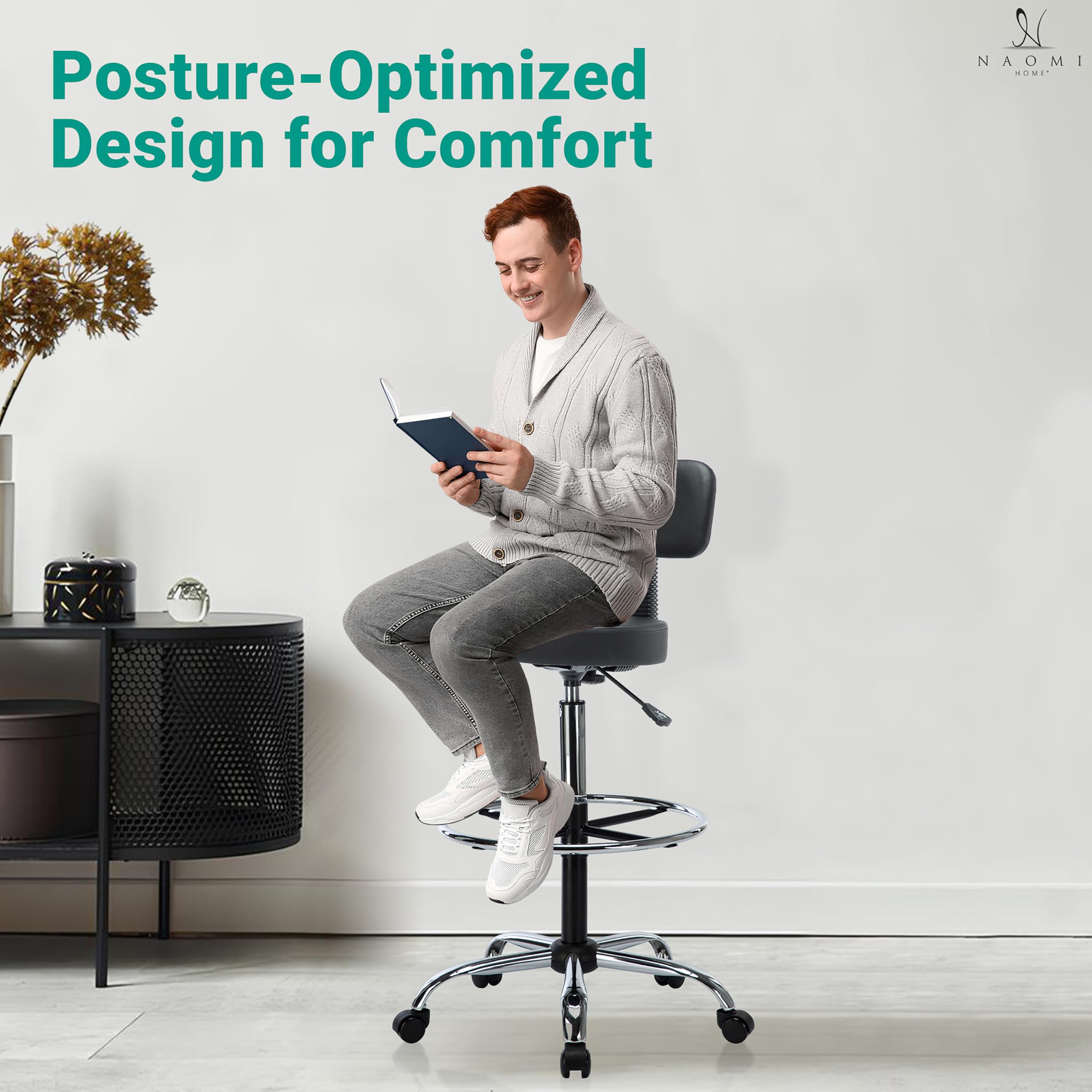 Premium Leather Adjustable Drafting Stool with Rolling Wheels & Backrest - Ergonomic Office Stool for Architects, Artists & Home Office - Height Adjustable Tall Chair for Workstations & Crafting - Black