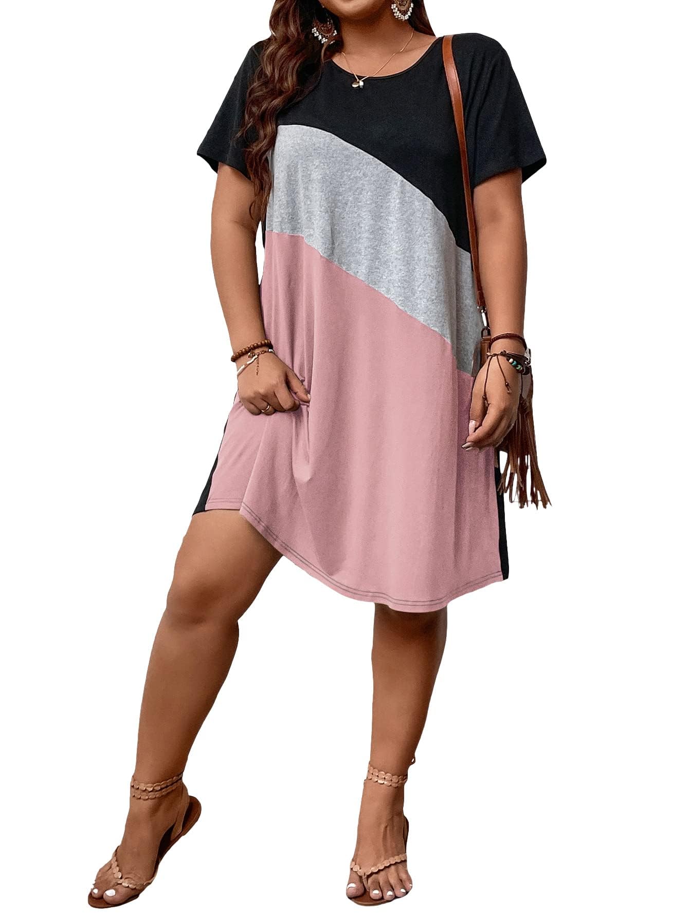SOLY HUX Women's Plus Size Color Block Short Sleeve T-Shirt Dress - Casual Summer Dress for Women, Perfect for Beach Outings, Picnics, and Everyday Wear