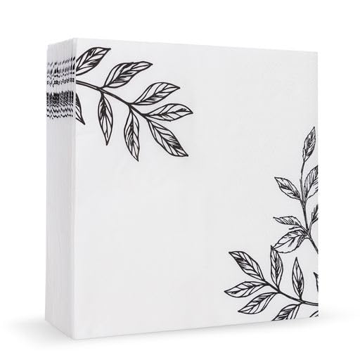 Premium 3-Ply Black & White Floral Cocktail Napkins - 6.5