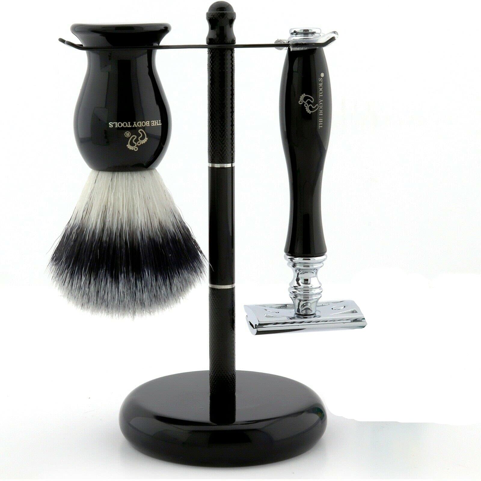 Premium 3-Piece Shaving Kit for Men & Women - Synthetic Shaving Brush, Double Edge Safety Razor & Stand - Black Grooming Set for Wet Shaving & Travel - Perfect Gift for Father's Day & Birthday