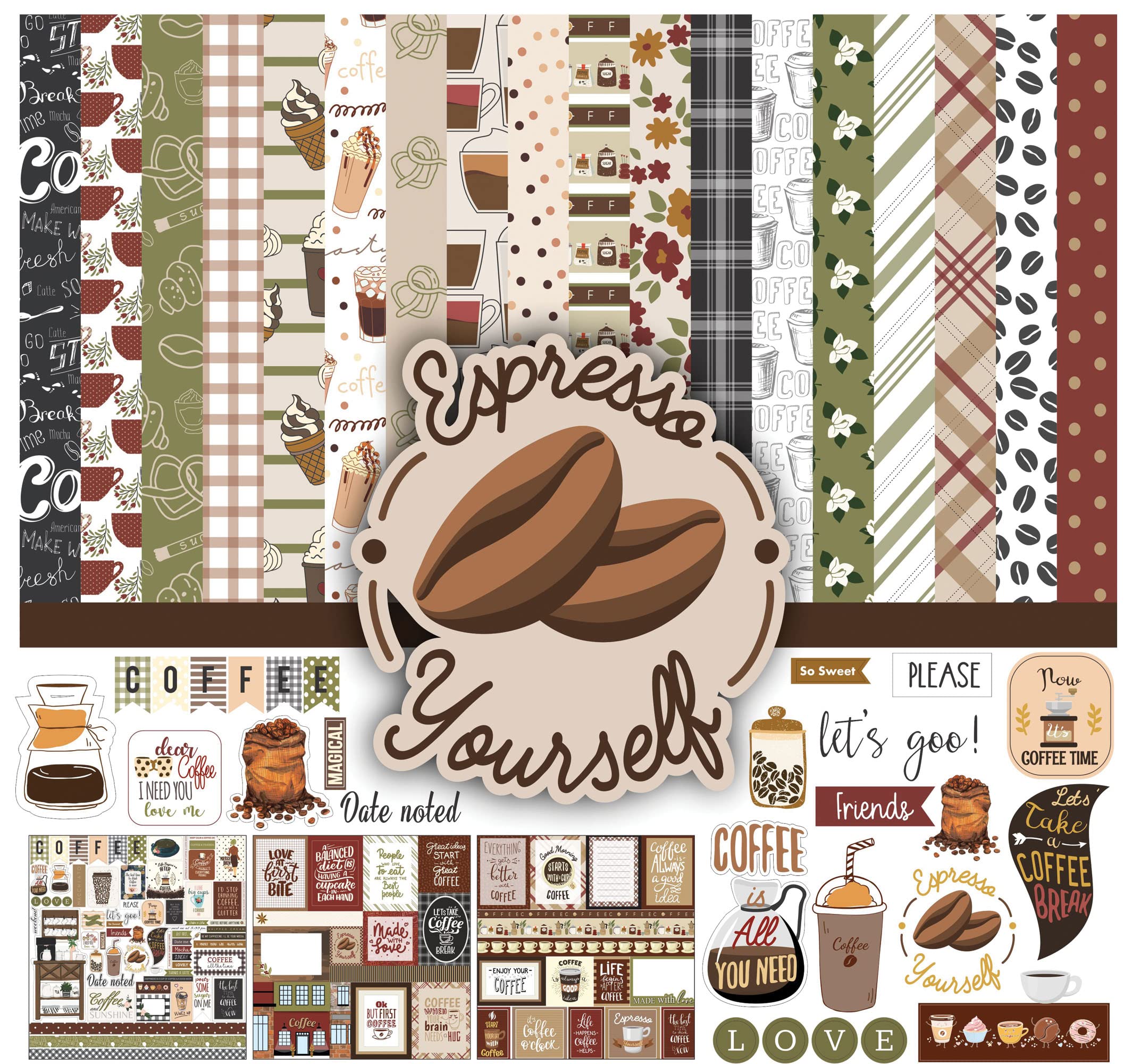 Inkdotpot Coffee Themed Double-Sided Scrapbook Paper Kit - 12
