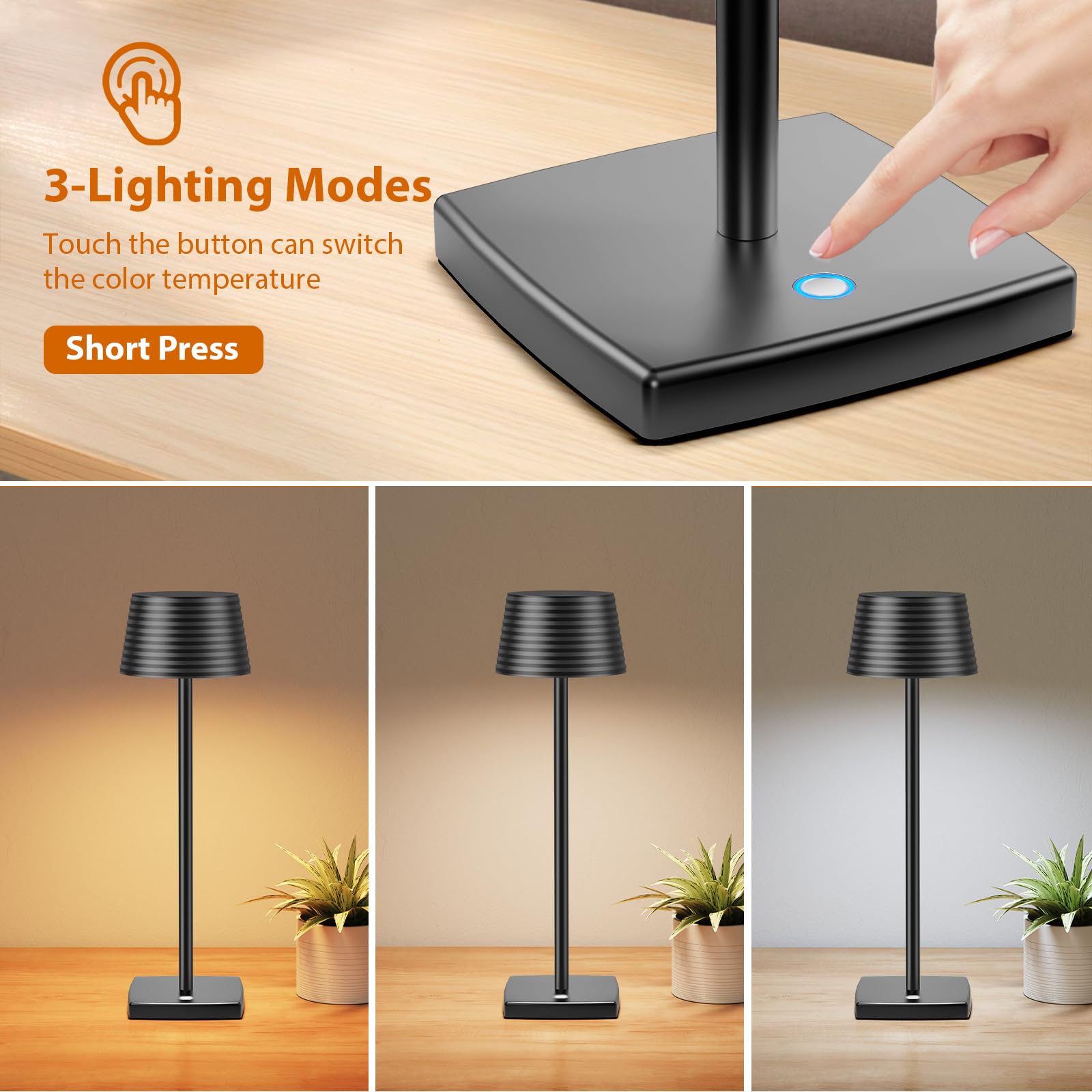 Rechargeable Cordless LED Desk Lamp - 5000mAh Battery, Aluminum Metal Housing, 3 Brightness Levels, USB Powered Portable Night Light for Home Office, Restaurant, Bar & Outdoor Use (Black, 2-Pack)