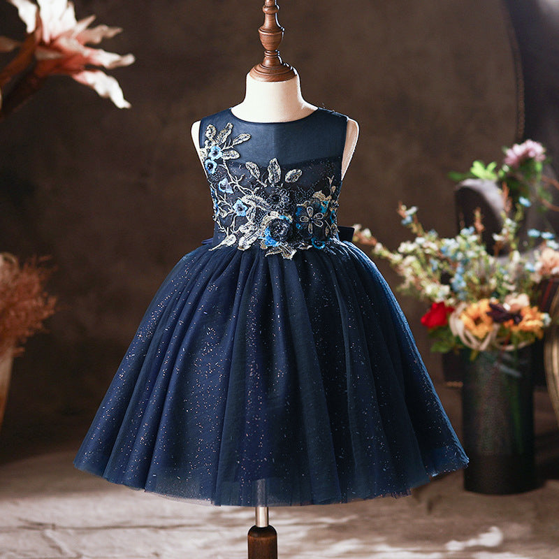 Baby Girl Formal Princess Dress - Blue Embroidery Summer Party Dress with Round Neck for Birthday, Wedding & Special Occasions