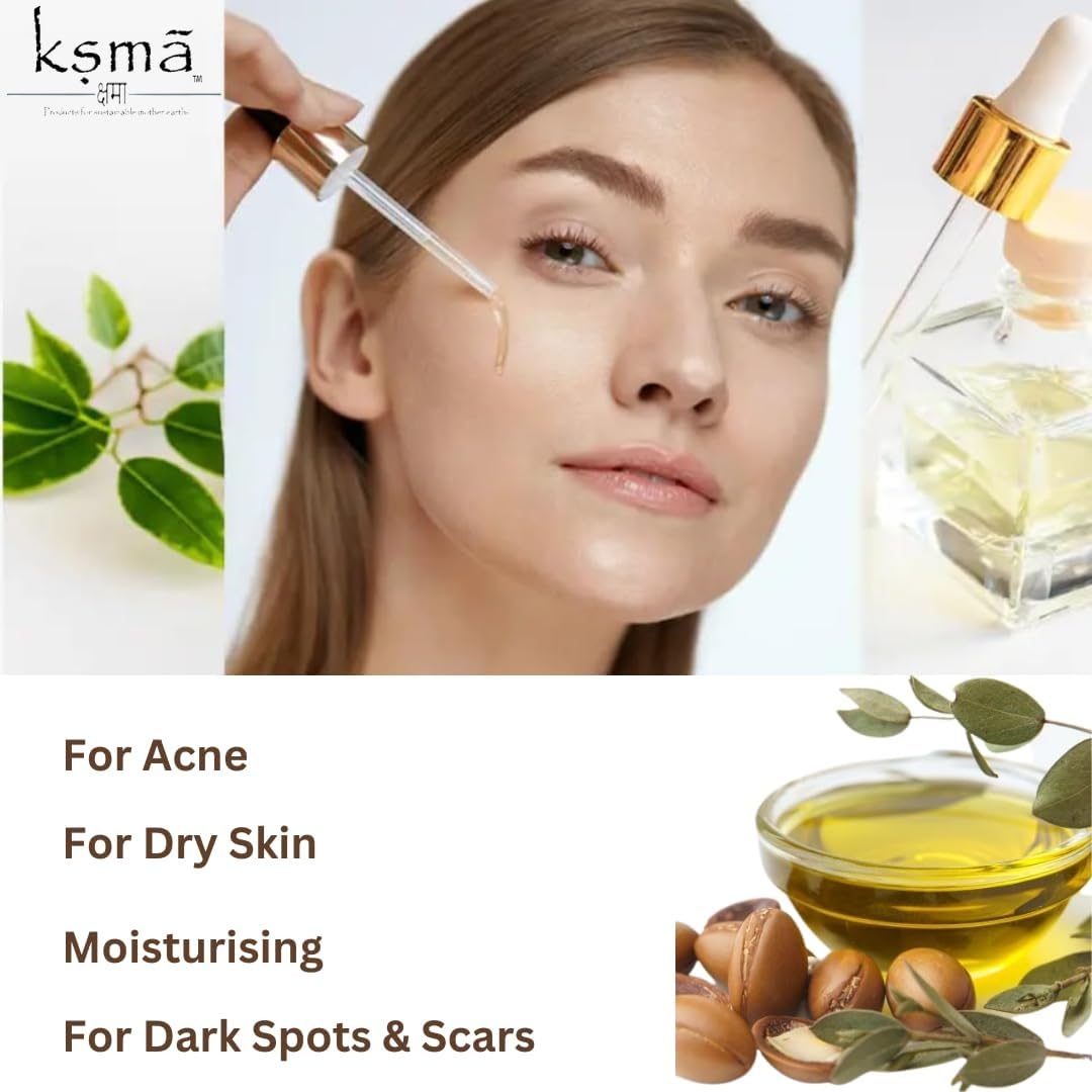 Ksma Organic Cold-Pressed Argan Oil for Hair & Skin Care - 100% Pure Moroccan Argan Oil for Dry Hair, Frizzy Hair & Skin Hydration (100ml) - Perfect for Daily Hair Treatment, Face Moisturizer & Massage Oil