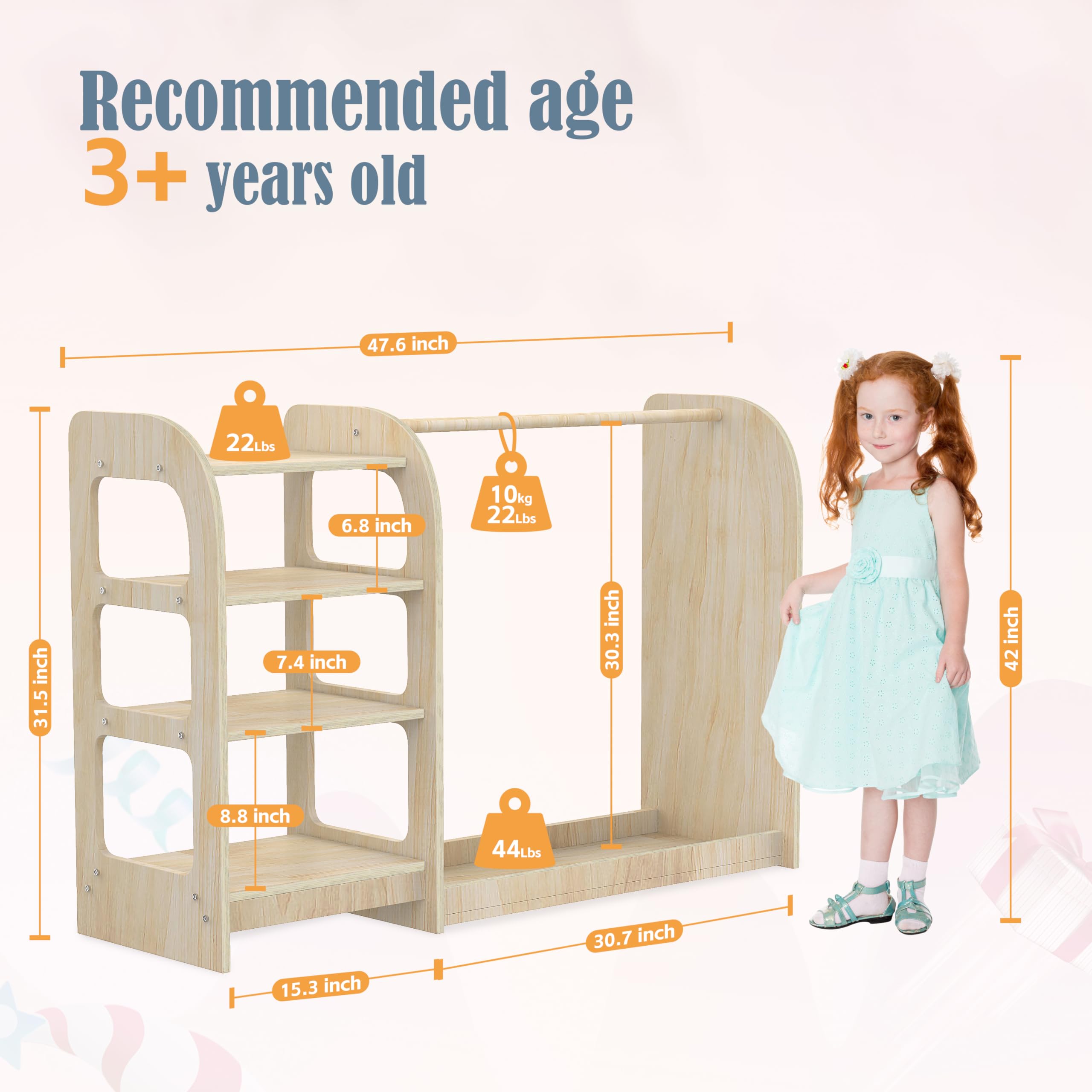 Wooden Kids Dress Up Storage Rack with Mirror & Shelf - Wardrobe Closet for Girls & Boys - Perfect for Bedroom, Playroom & Birthday Gift