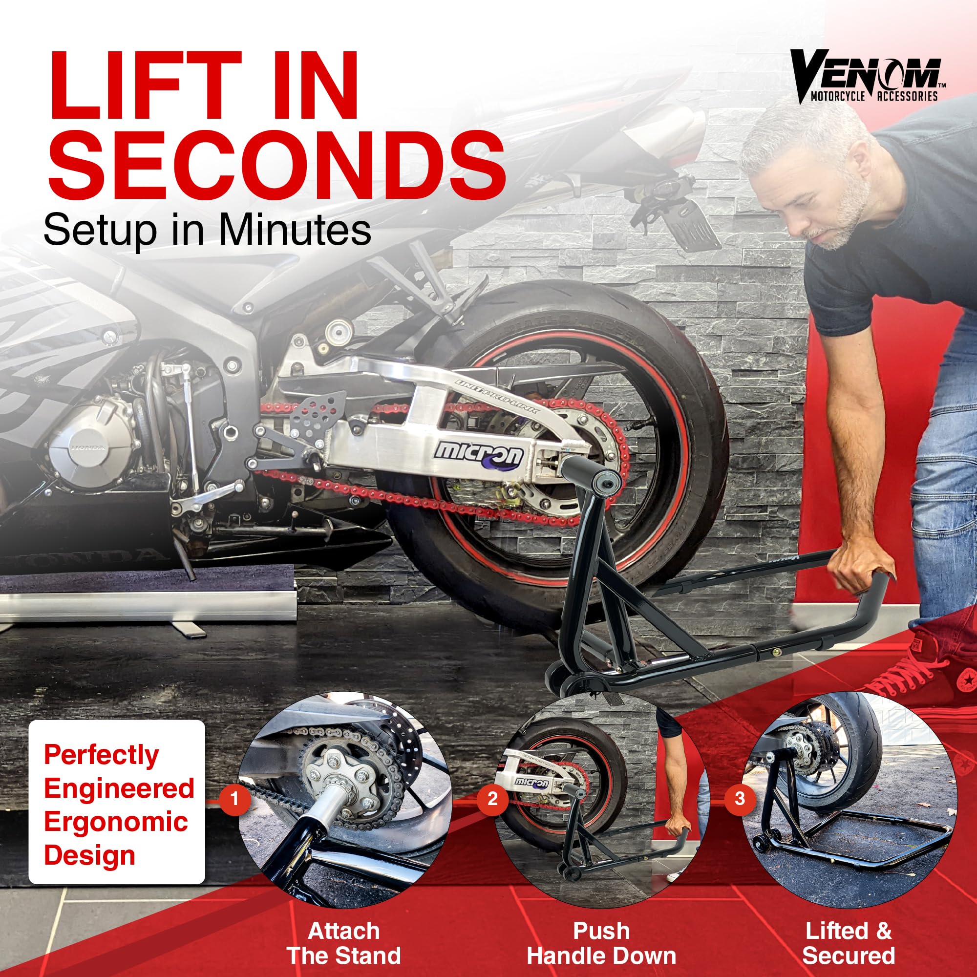 Venom Motorcycle Swingarm Stand - 40.7mm Pin for Ducati & Triumph - Garage Lift Tool