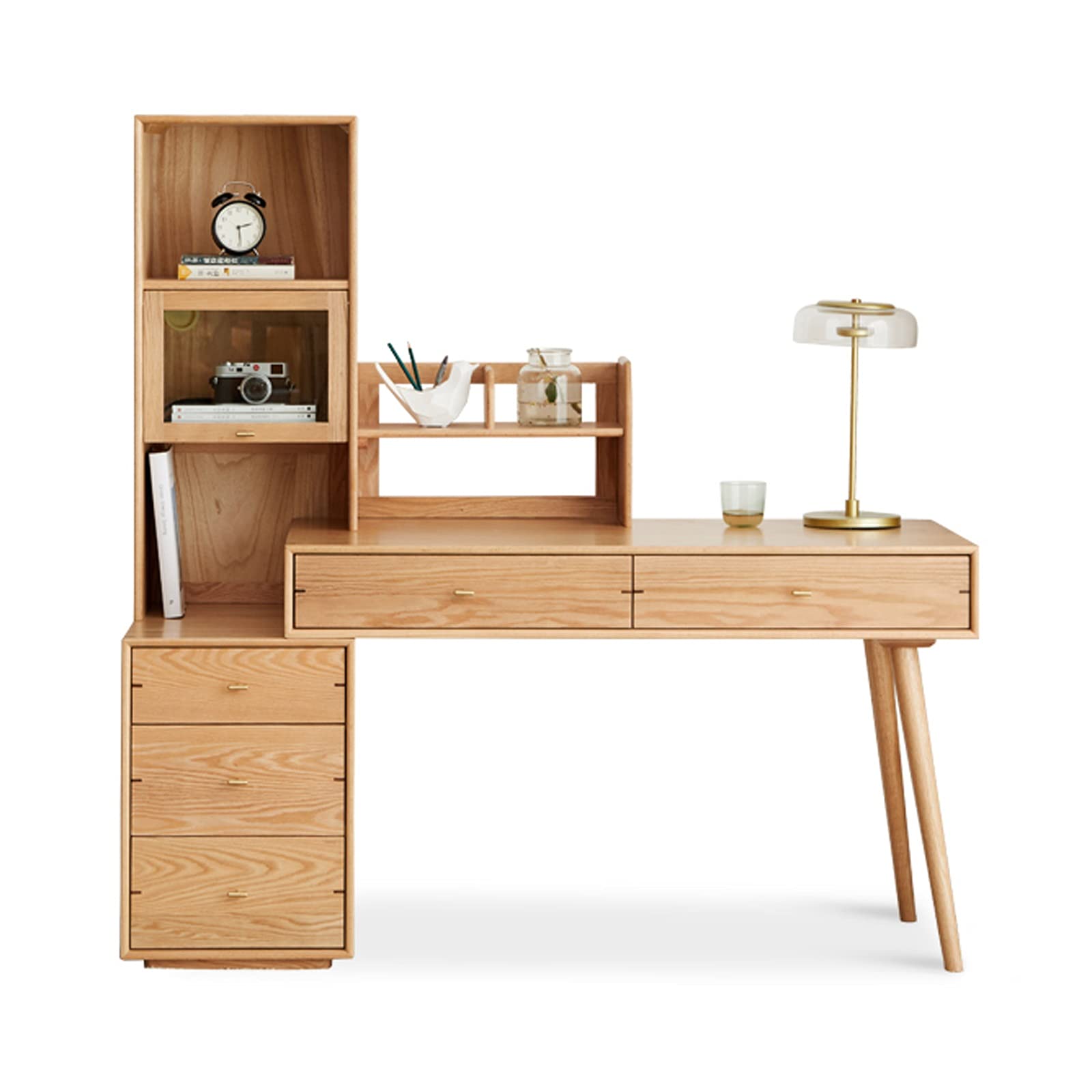 Retractable Oak Desk - Modern Home Office PC Laptop Workstation with Bookshelf & 5 Drawers, Simple Study Writing Table for Small Spaces (Style B) | Perfect for Remote Work, Online Classes & Home Office Organization