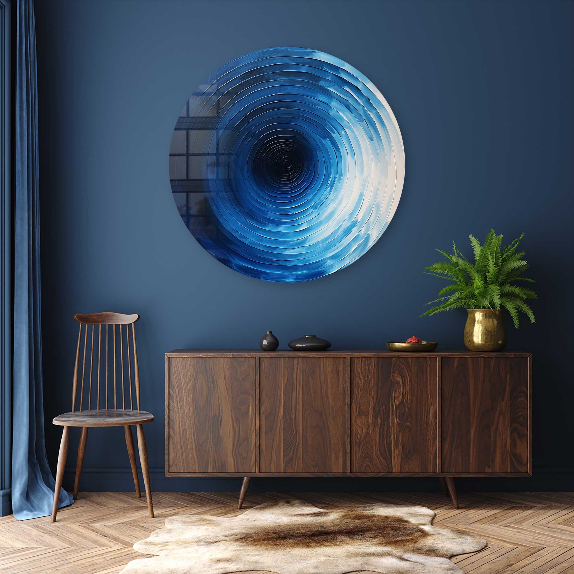 Fifty Shades of Blue Rounded Glass Wall Art - Modern Abstract Home Decor for Living Room, Bedroom & Office