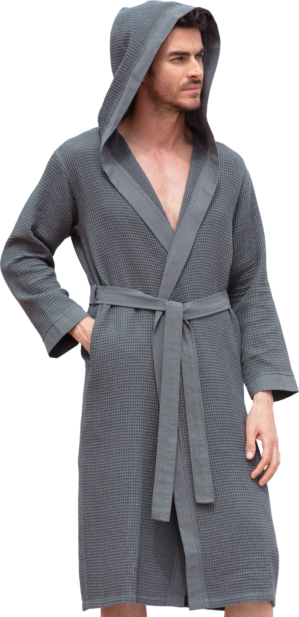 SEYANTE Men's Lightweight Cotton Waffle Weave Robe with Hood - Ultra Soft Full Length Bathrobe for Spa, Sleepwear & Lounge Wear at Home