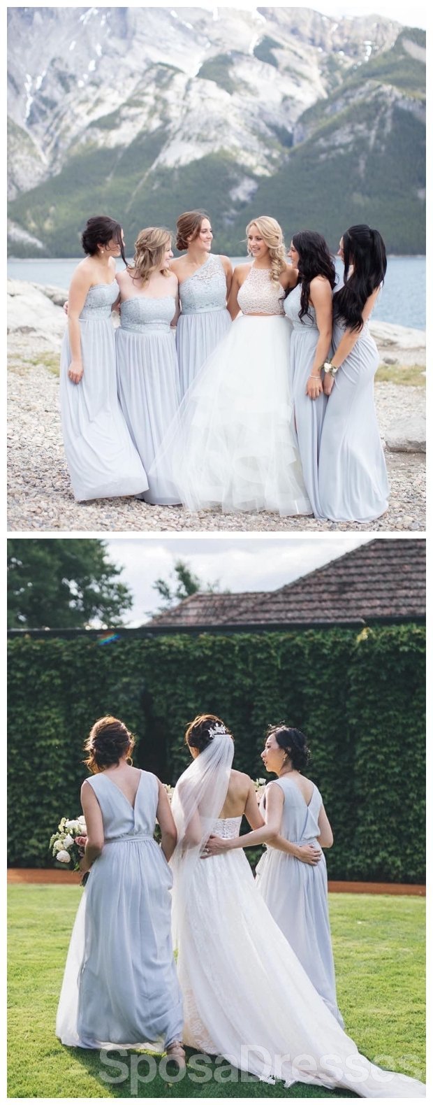 Elegant Mismatched Chiffon Blue Lace Bodice Bridesmaid Dress - WG672 | Perfect for Weddings, Prom & Formal Events