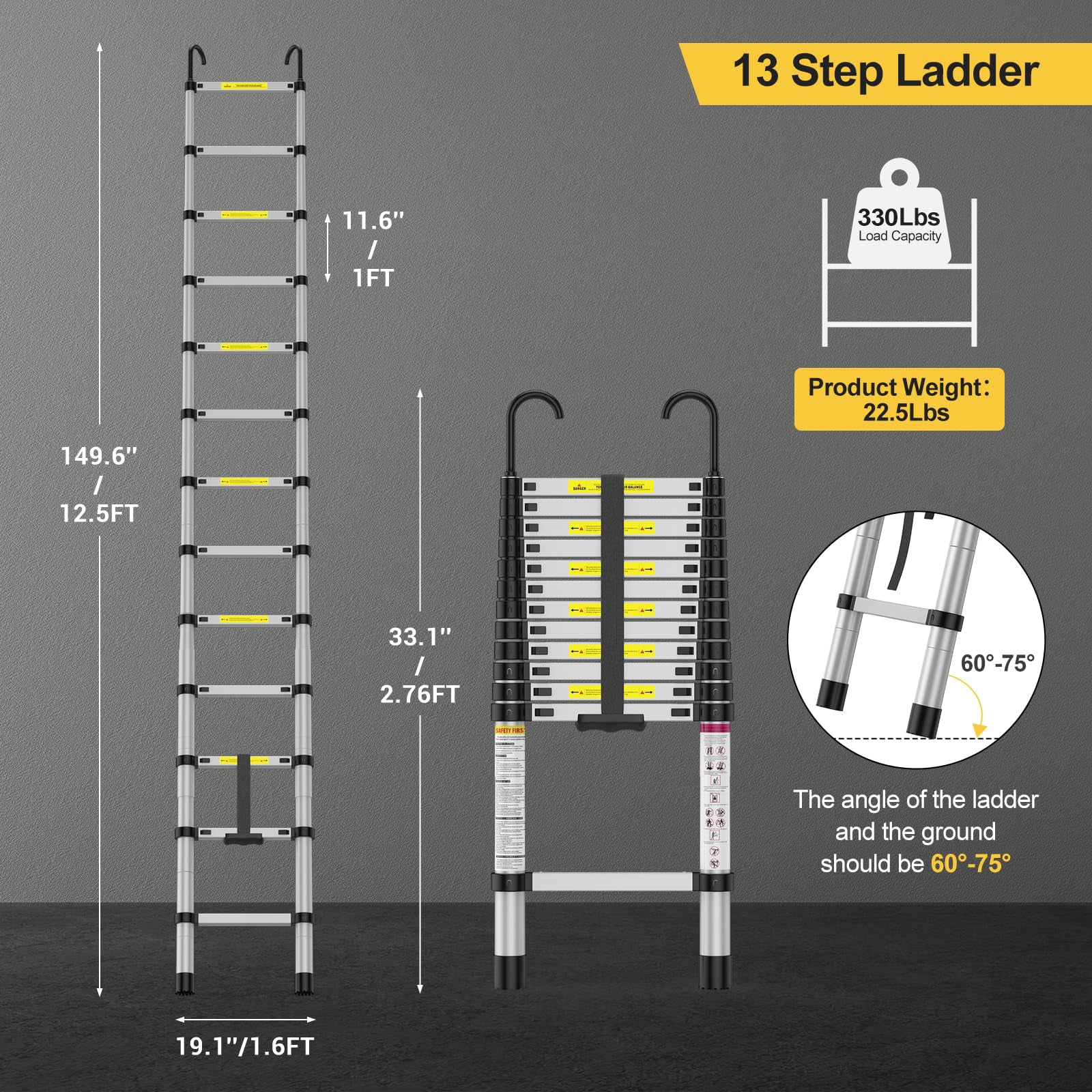 GARVEE 12.5 Ft Telescoping Ladder - 330lbs Capacity Aluminum Extension Ladder with Locking Mechanism & Hook | Portable Folding Ladder for RV, Home, Office, Roof, Painting, Construction | Multi-Purpose Collapsible Ladder