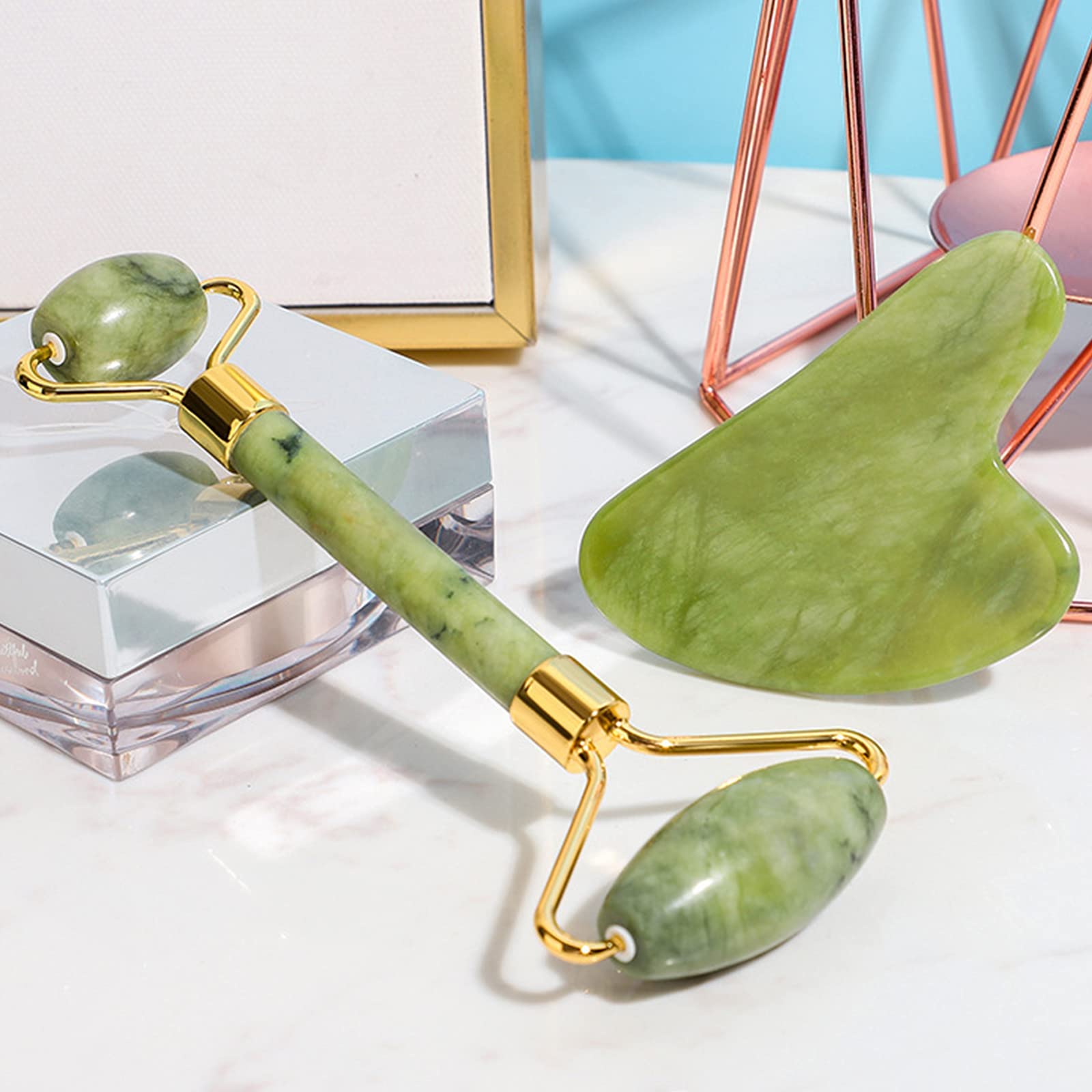 Natural Jade Roller & Gua Sha Kit - Face Massager for Skin Care, Anti-Aging & Relaxation | Portable Facial Tools for Glowing Skin | Perfect for Home Spa & Self-Care Routine (XIUYU Green)