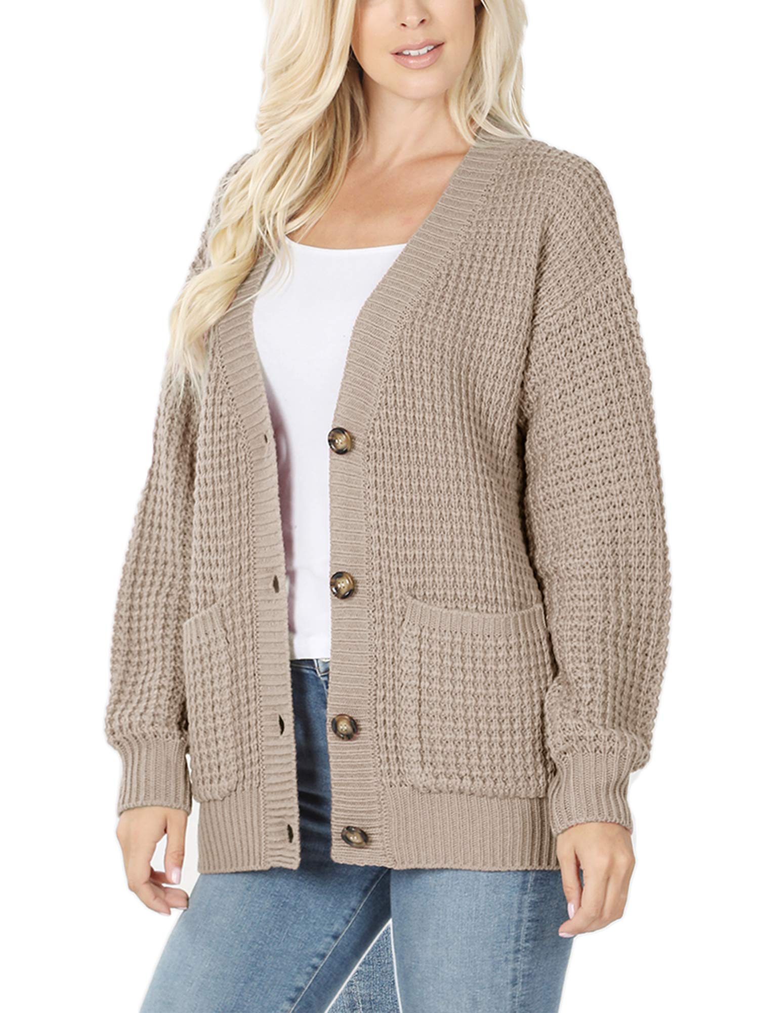 KOGMO Women's Waffle Knit Button Front Cardigan with Pockets - Cozy Fall Winter Sweater for Casual Outfits & Office Wear