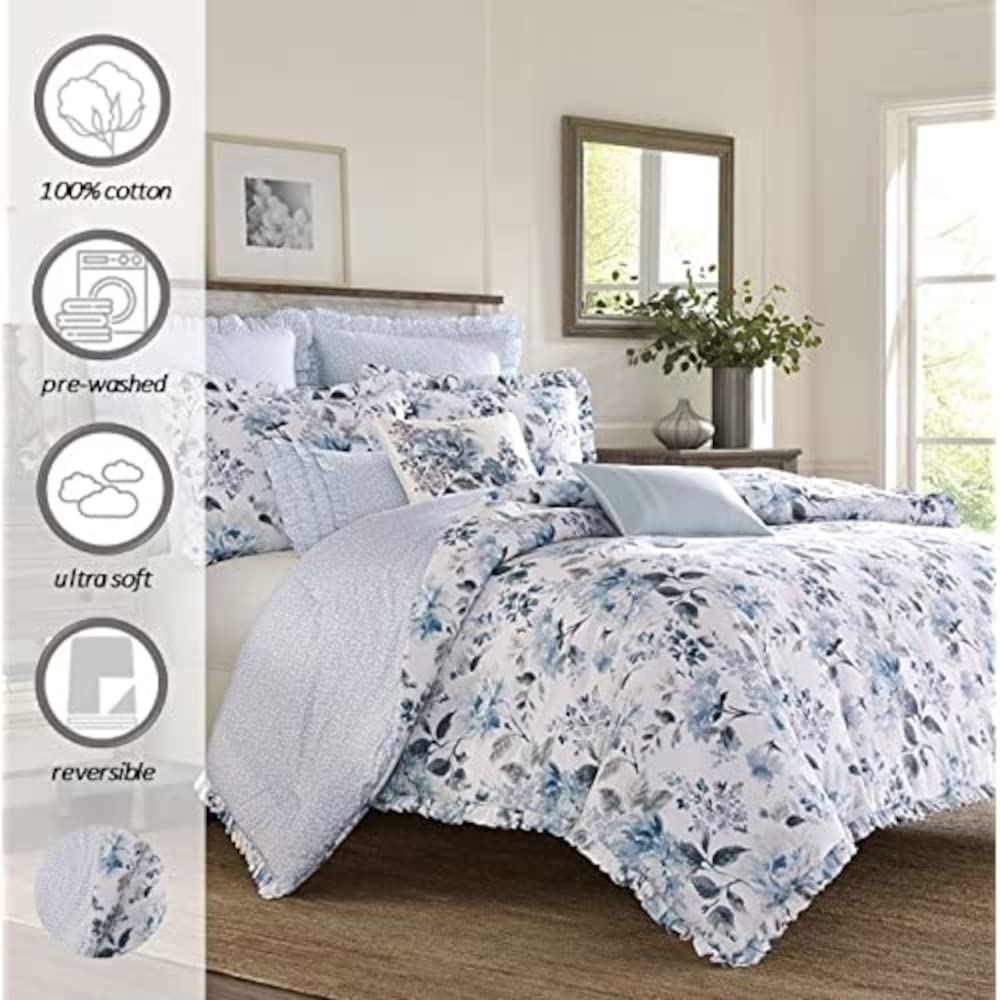 Laura Ashley Home - Twin Comforter Set, Reversible 100% Cotton Bedding with Matching Sham, All-Season Luxury Bedding for Teens & Adults (Chloe Blue, Twin) - Perfect for Guest Rooms, Dorm Decor & Cozy Bedroom Makeovers