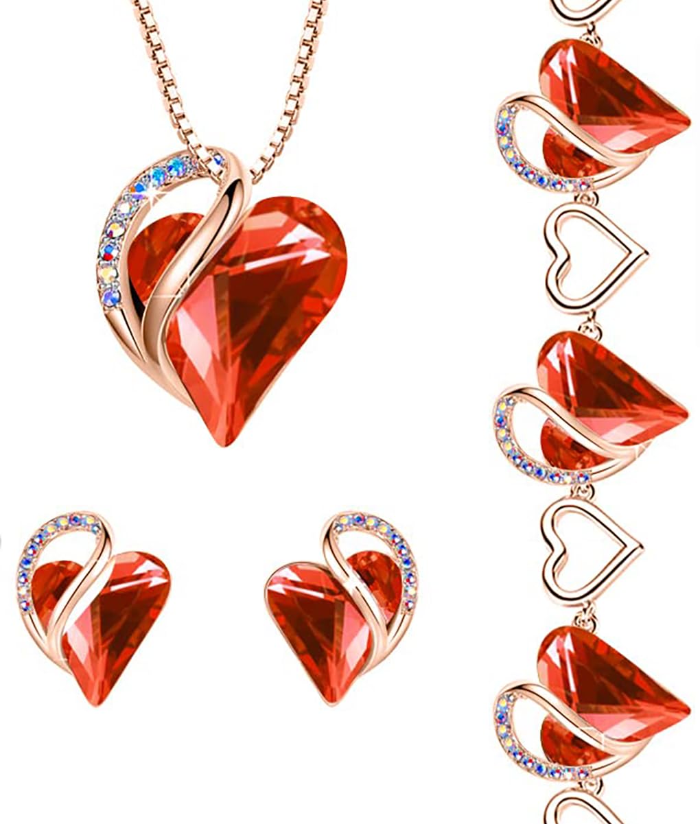 Infinity Love Crystal Heart Jewelry Set with Carnelian Red Healing Stone - Necklace, Earrings & Bracelet in 18K Rose Gold Plated - Courage Gifts for Women - Perfect for Meditation, Energy Healing & Spiritual Gifts