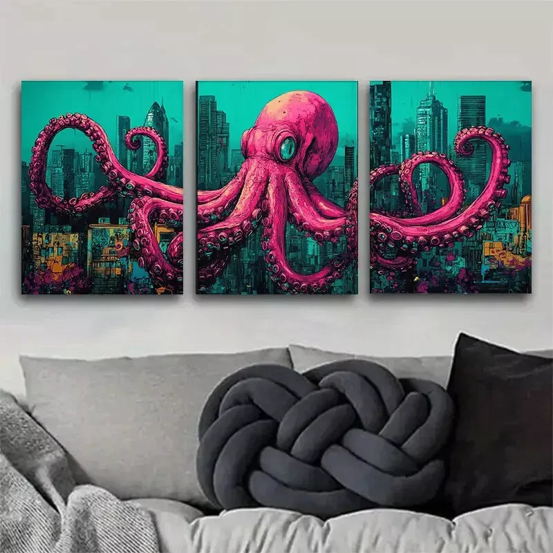 3-Piece Pink Urban Octopus Fantasy Wall Art Set - Framed Canvas 40x60cm | High Quality Print | 100% Australian Made | Ready to Hang | Perfect for Living Room, Bedroom & Office Decor