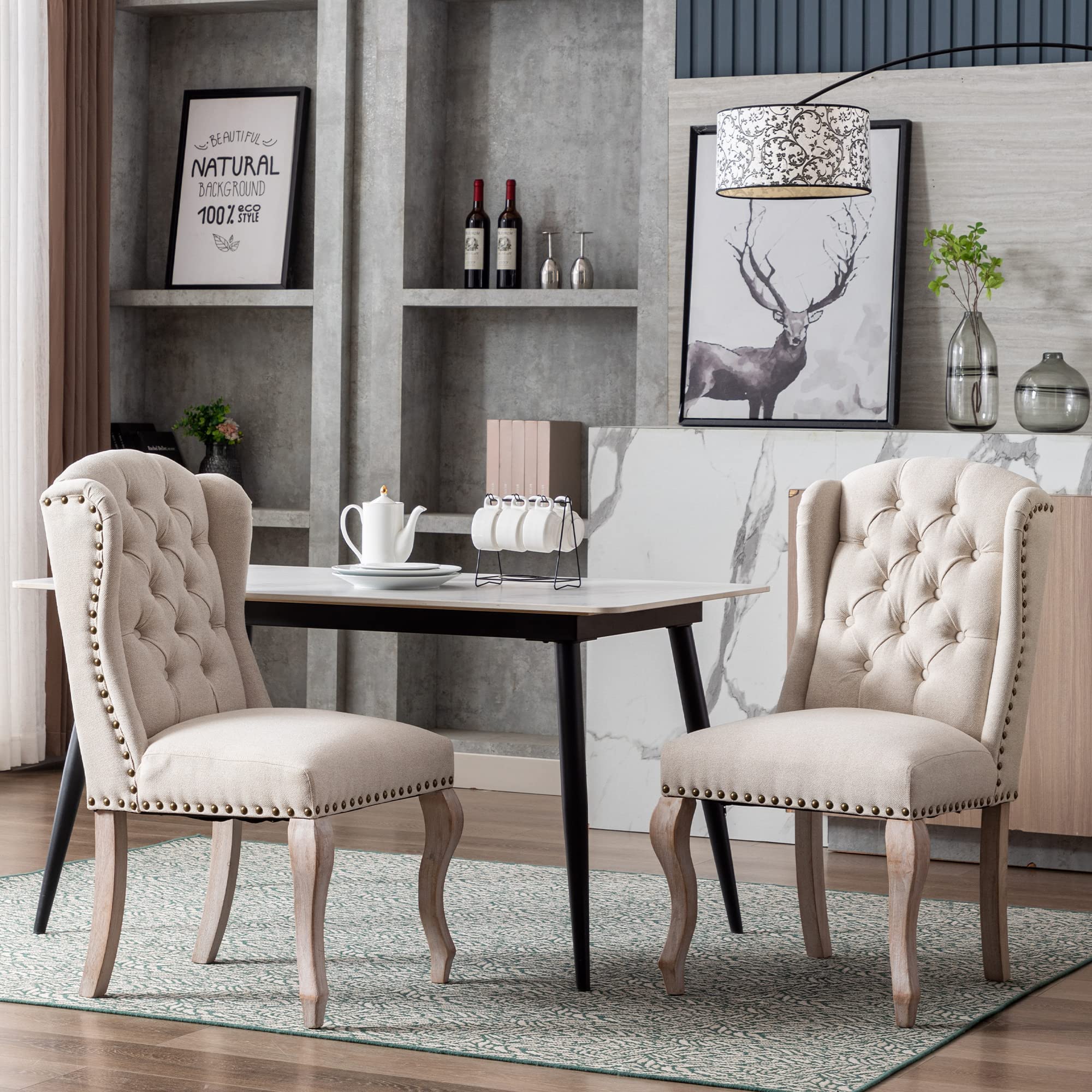 Farmhouse Parsons Dining Chairs Set of 2 - Solid Wood Accent Chairs with Linen Fabric & Tufted Wingback Design - Perfect for Kitchen, Dining Room, Living Room or Bedroom - Cream Color Home Decor