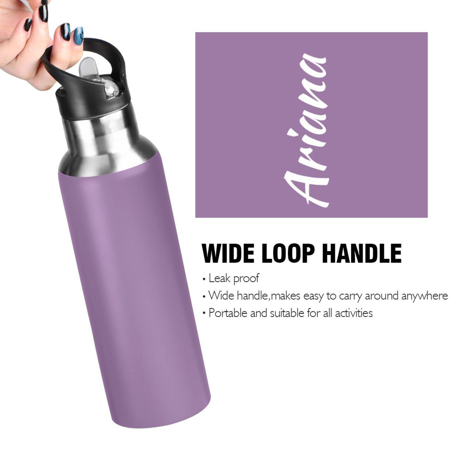 Custom 20oz Insulated Sports Water Bottle with Straw Lid - Personalized Purple Reusable Water Bottle for Kids, Boys & Girls - Perfect for School, Gym, Hiking & Outdoor Activities