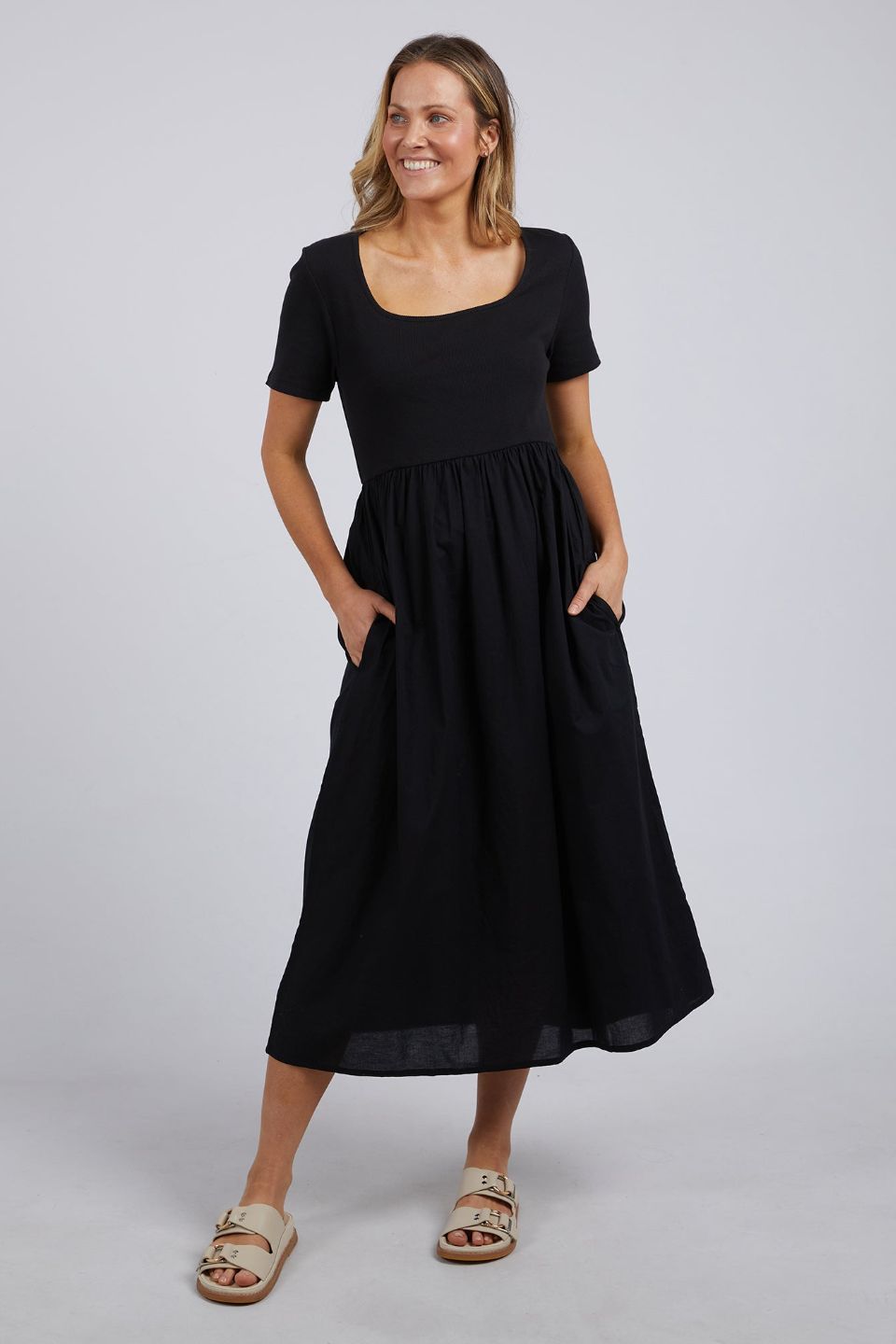 Ella Black SS Midi Dress - Elegant Short Sleeve Summer Dress for Women | Perfect for Casual Outings, Office Wear & Special Occasions