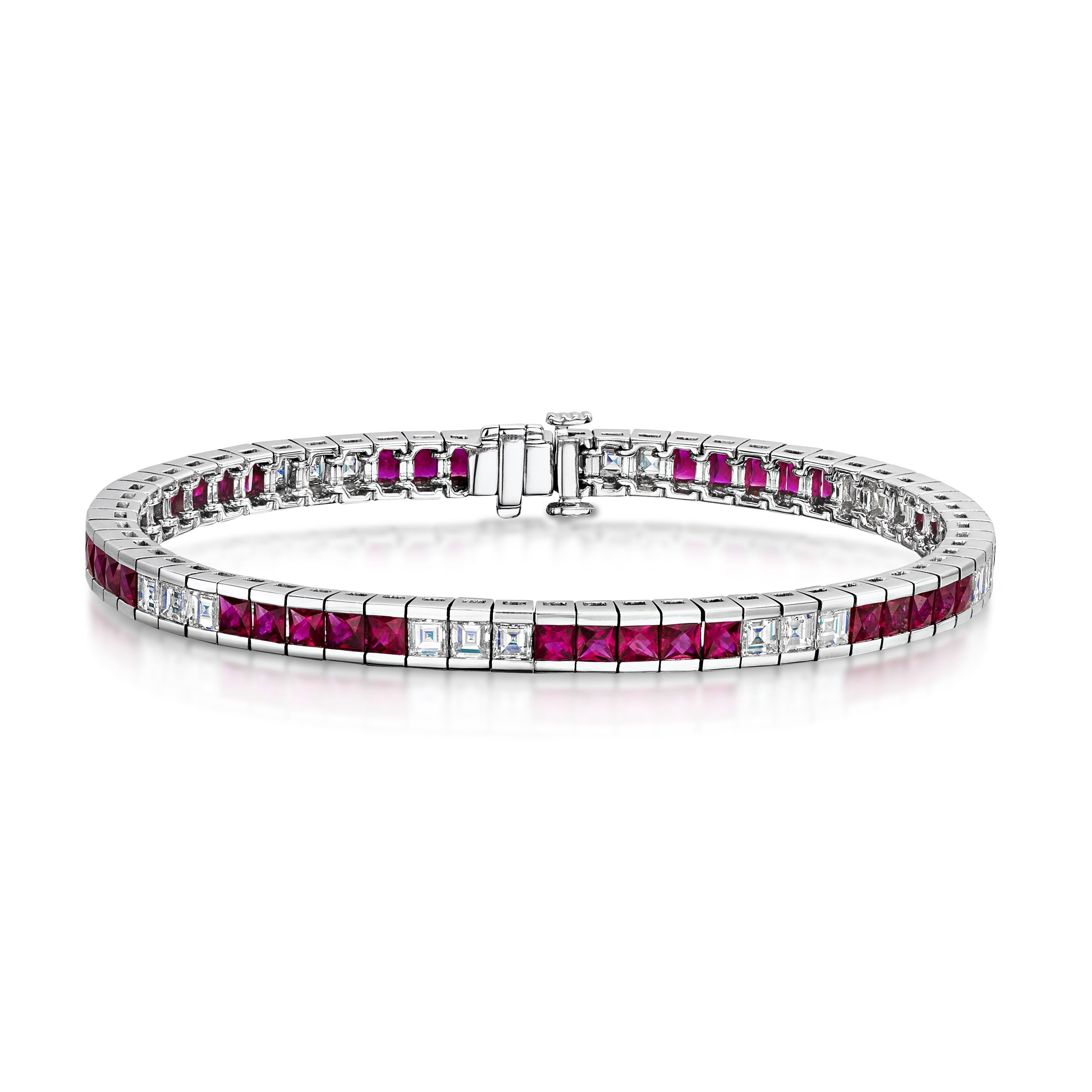 18ct White Gold Square Cut Ruby & Asscher Cut Diamond Tennis Bracelet - 9.65ct Total Weight | Elegant Jewelry for Weddings, Anniversaries & Special Occasions