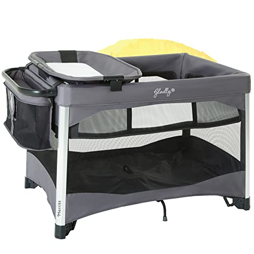 Gladly Family Merritt Portable Playard Suite - Foldable Baby Playpen for Infants & Toddlers with Built-in Changing Station, Diaper Caddy, Storage & Travel Backpack (Carbon Gray) - Perfect for Home, Nursery, Travel & Outdoor Adventures