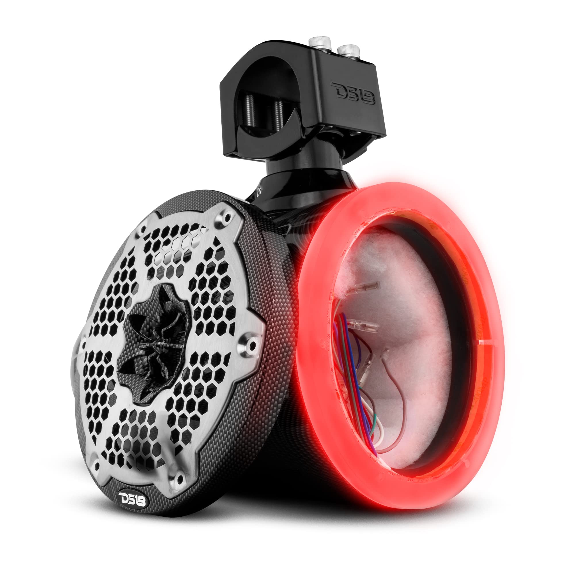 DS18 CF-X6TP.NS 6.5 Inch Marine Tower Speaker Pod with RGB LED Lights - Carbon Fiber Design for Boats & Yachts - Waterproof Audio Enclosure for Outdoor Marine Entertainment Systems