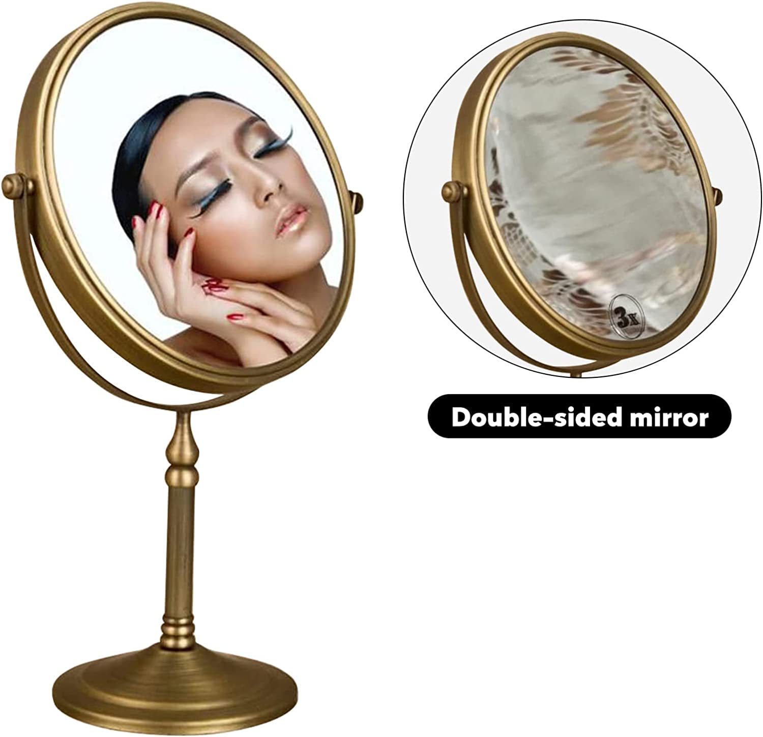 Antique Brass Makeup Mirror with 3X Magnification - 7.8 Inch Double-Sided Vanity Mirror for Bathroom & Dressing Table - Perfect for Makeup Application, Skincare, and Grooming