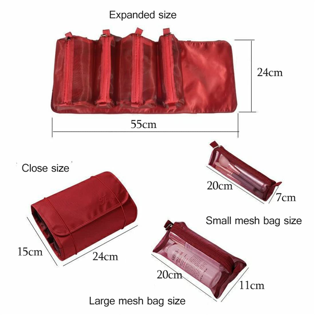 Large Waterproof Hanging Makeup Bag for Travel - Detachable Folding Cosmetic Organizer with Separate Compartments (Red) | Perfect for Toiletries Storage, Vacation Essentials & Daily Beauty Routine
