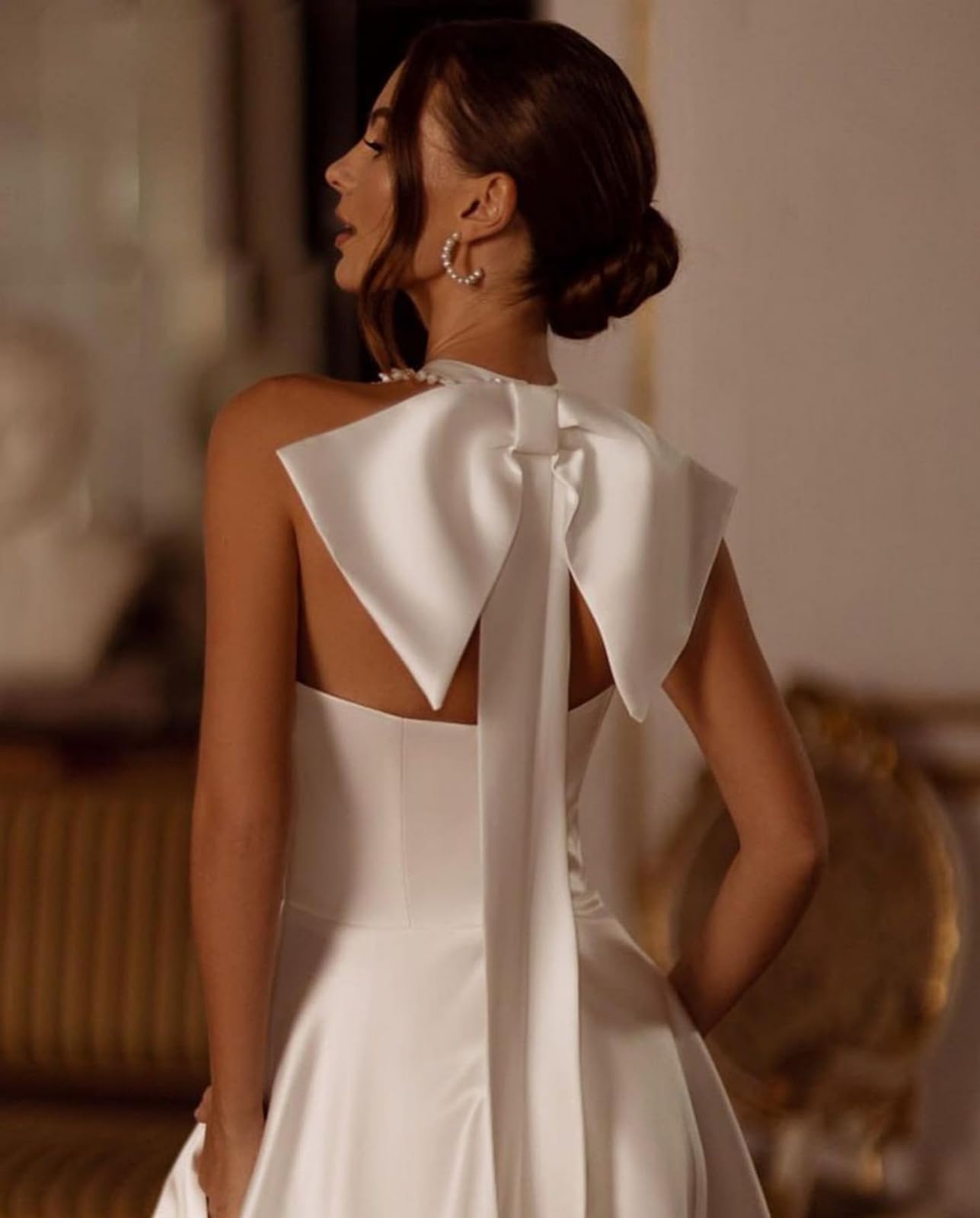 Elegant Halter Neck Satin Wedding Dress for Bride - Bodycon Mermaid Gown with Side Slit & Bow Detail | Perfect for Bridal Shower, Prom, Evening Gala & Formal Occasions