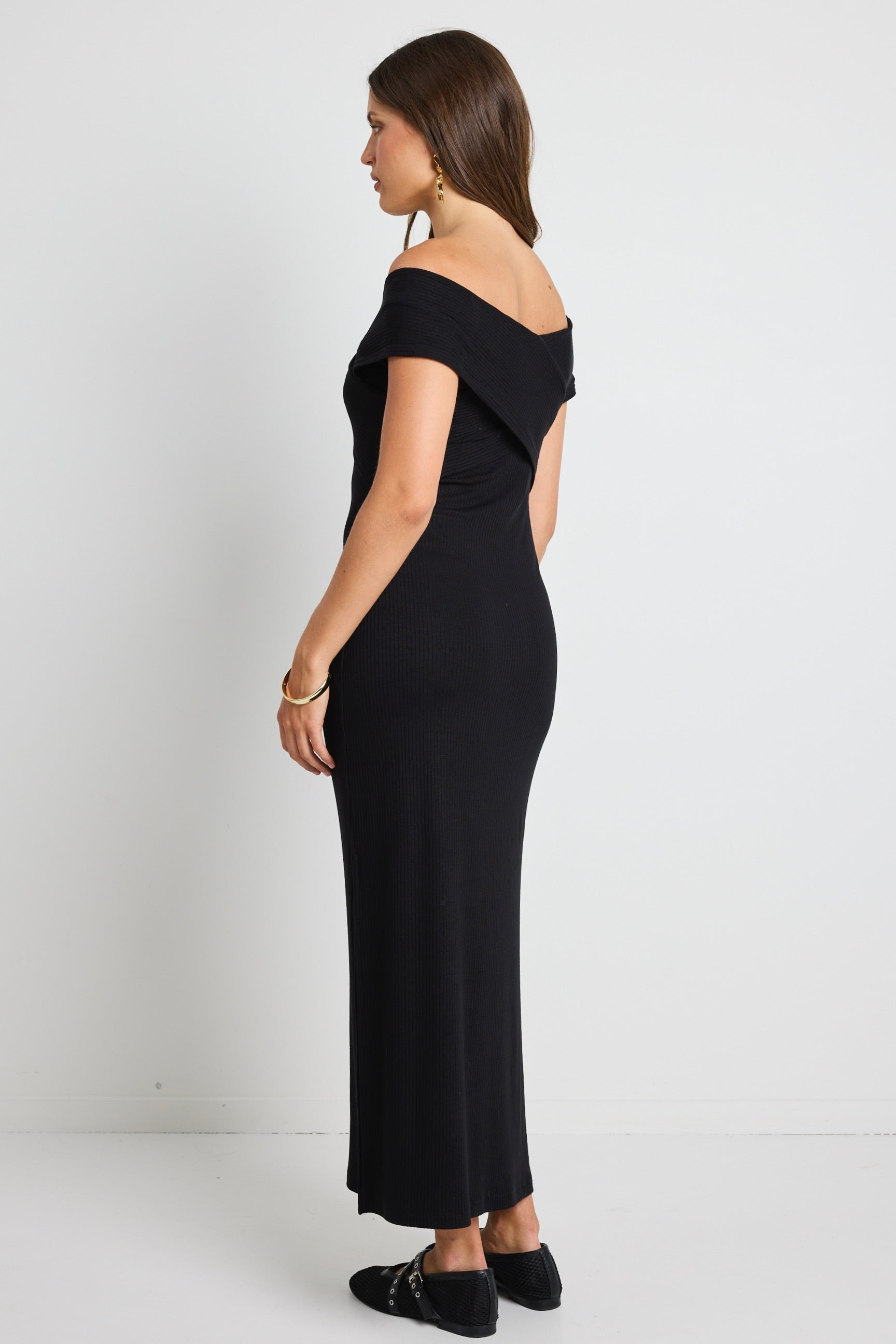 Alfa Black Rib Off Shoulder SS Midi Dress - Elegant Summer Party & Date Night Outfit for Women