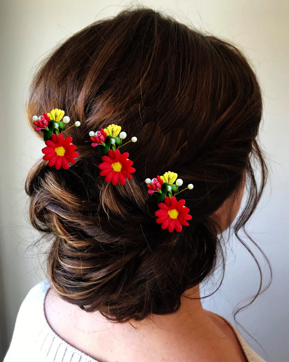 Artificial Flower Hair Clip with Leaf Design - Red Hairpins, Hair Claws & Hair Accessories for Women & Girls (Pack of 3) - Perfect for Weddings, Parties & Everyday Styling