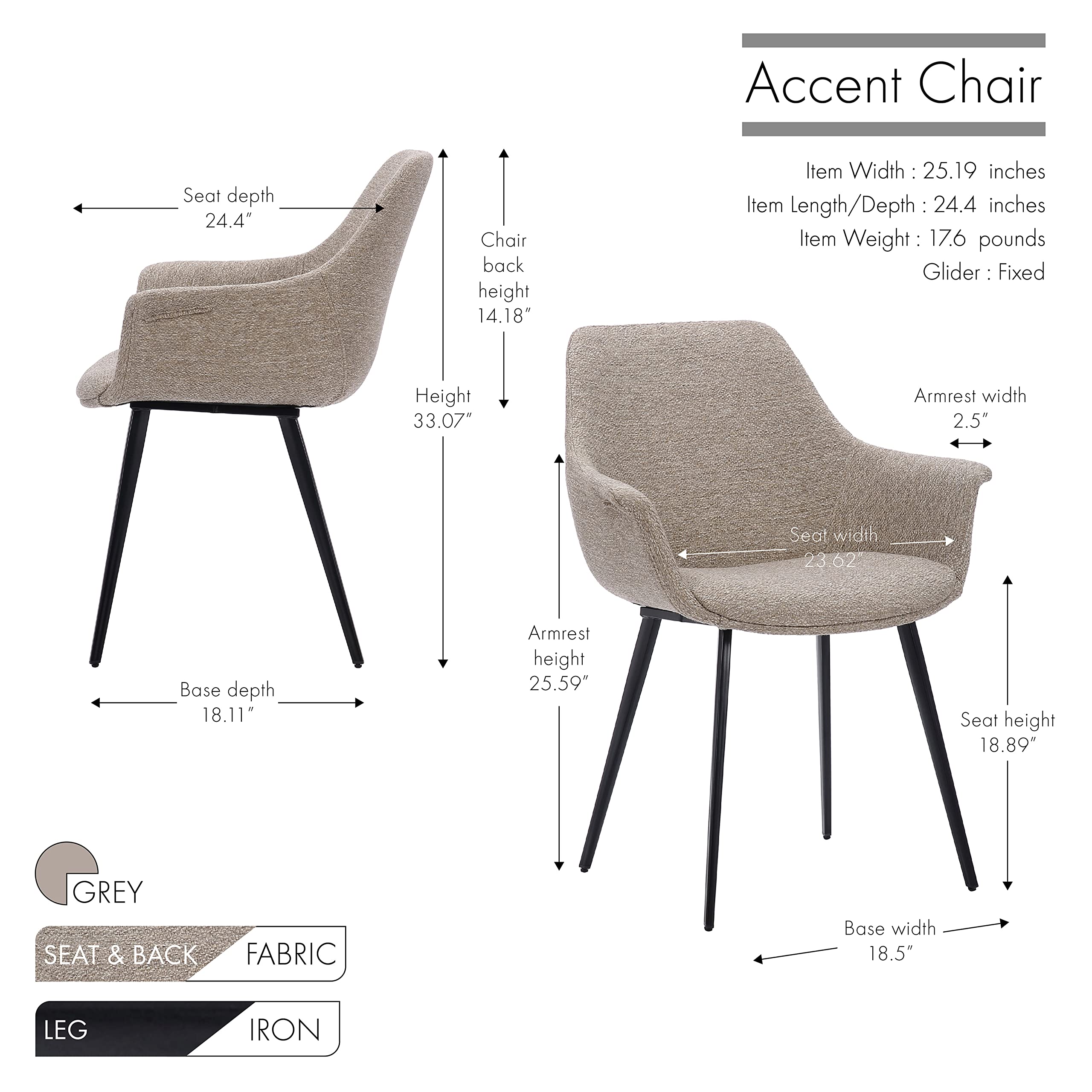 Porthos Home Bazlo Accent Chairs Set of 2 - Soft & Durable Fabric Upholstery with Rust-Resistant Iron Legs, Supportive Mid-Height Back & Ergonomic Armrests - Perfect for Living Room, Bedroom, or Office Decor