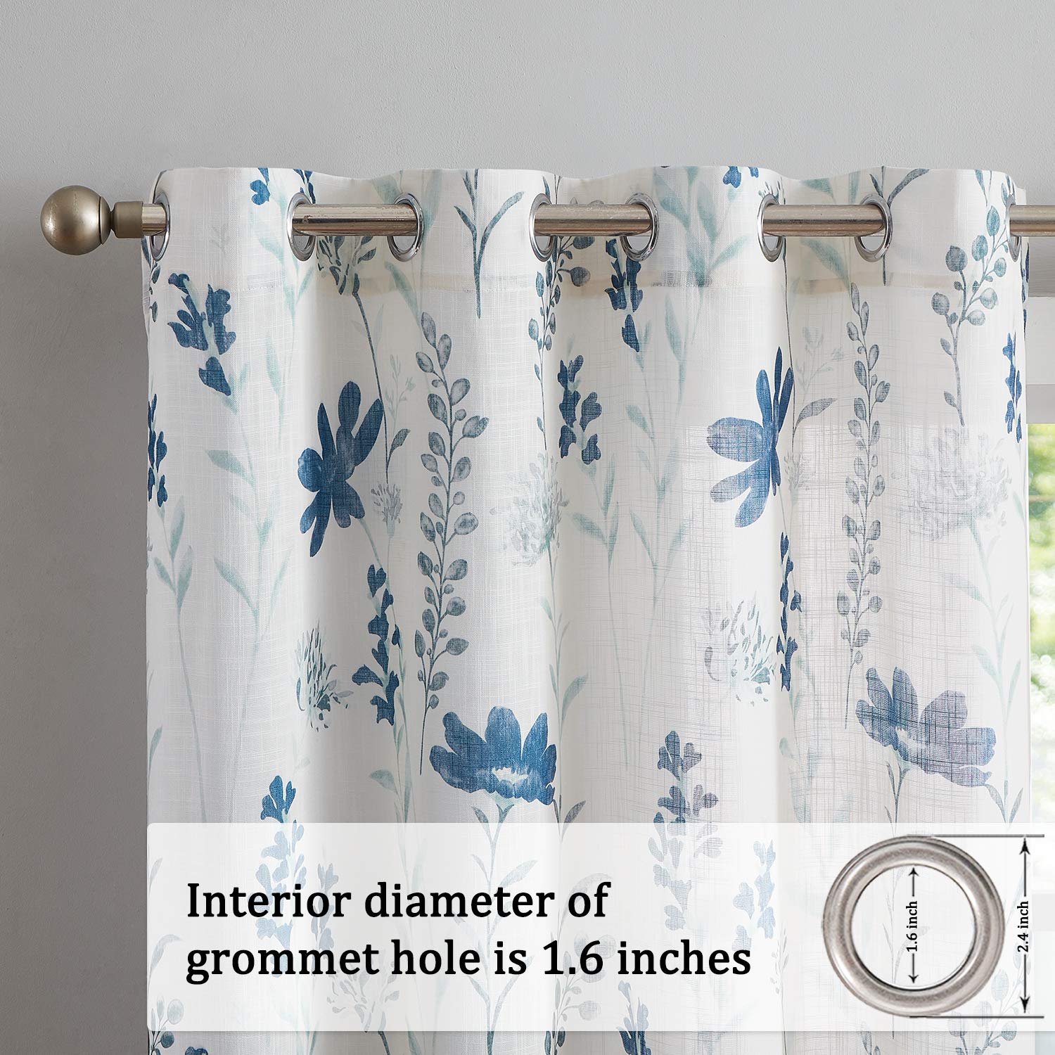 July Joy Printed Sheer Linen Curtains - Floral Leaf Design Farmhouse Style Window Drapes with Grommet Top, 52 x 54 Inch, Navy Blue - Perfect for Living Room, Bedroom & Dining Room Decor