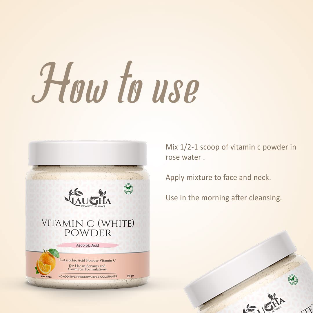 Laugha Natural & Organic Vitamin C Powder for Skin Care & Brightening - 100gm (3.5oz) - Face Mask, Glow Boost, Anti-Aging - Perfect for Daily Skincare Routine & Spa Treatments