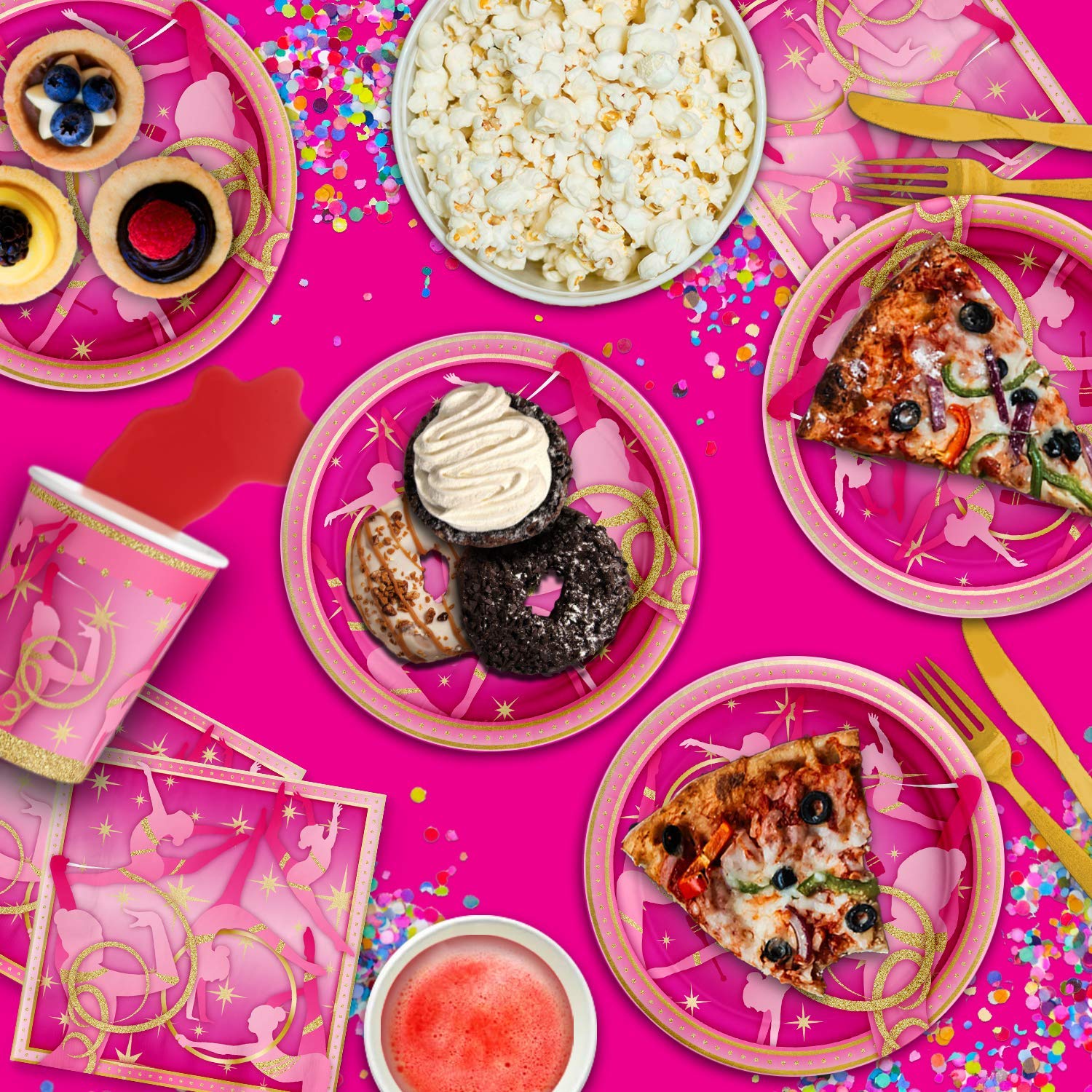 Pink and Gold Gymnastics Birthday Party Supplies Set - 16-Piece Tableware Kit with Plates, Napkins & Cups for Girls' Gymnastics Themed Party Decorations