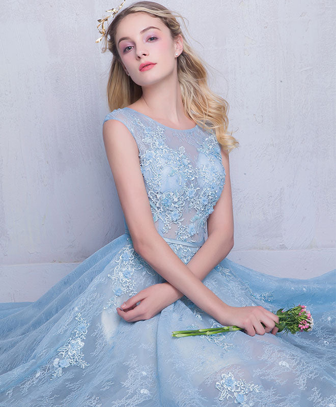 Elegant Blue Round Neck Lace Long Prom Dress for Sweet 16 Party | Formal Evening Gown for Homecoming, Quinceañera & Special Occasions