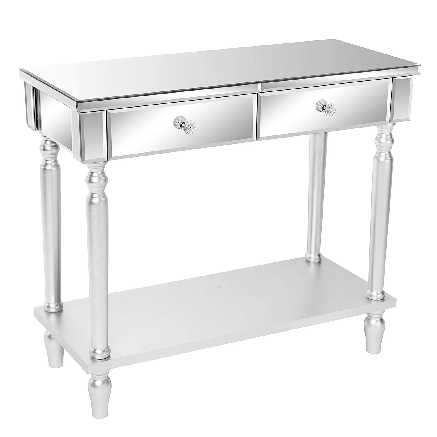 Modern Silver Mirrored Console Table with 2 Drawers - Makeup Vanity Desk, Dressing Table & Entryway Sofa Side Table for Women | Perfect for Home Office, Bedroom & Hallway Decor