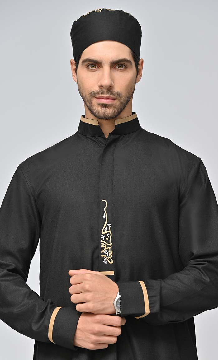**Men's Arabic Embroidered Thobe Jubba with Pockets & Kufi - Traditional Islamic Robe for Eid, Wedding & Special Occasions**