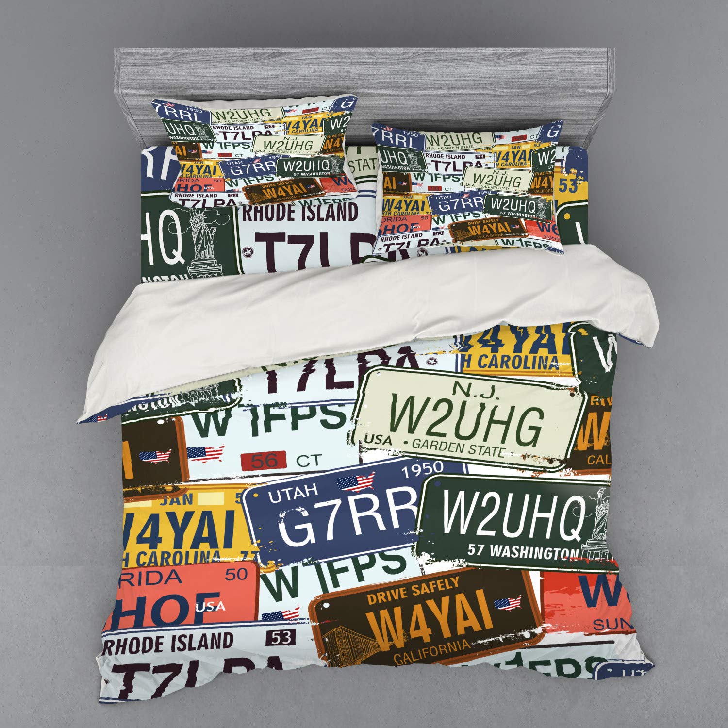 Ambesonne Vintage Duvet Cover Set - Retro License Plate Design 4-Piece Bedding (King Size) with Shams & Fitted Sheet in Green Blue Yellow | Perfect for Travel-Themed Bedrooms, Guest Rooms & Vacation Homes