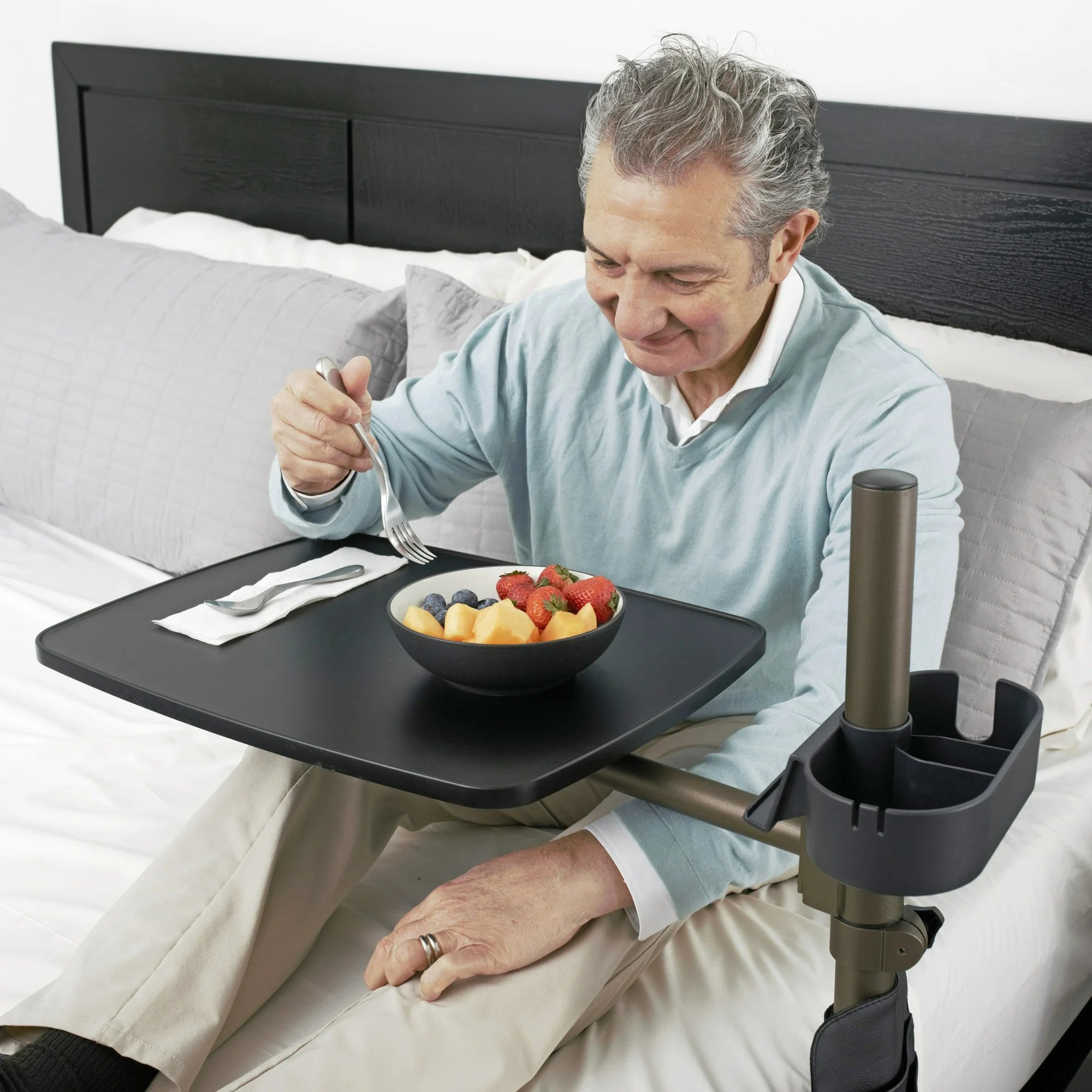 Signature Life Overbed Table with Swivel Tray - Adjustable Height Large Bedside Table with Cup Holder & Laptop Stand - Perfect for Eating, Working, or Reading in Bed - Hospital & Home Use