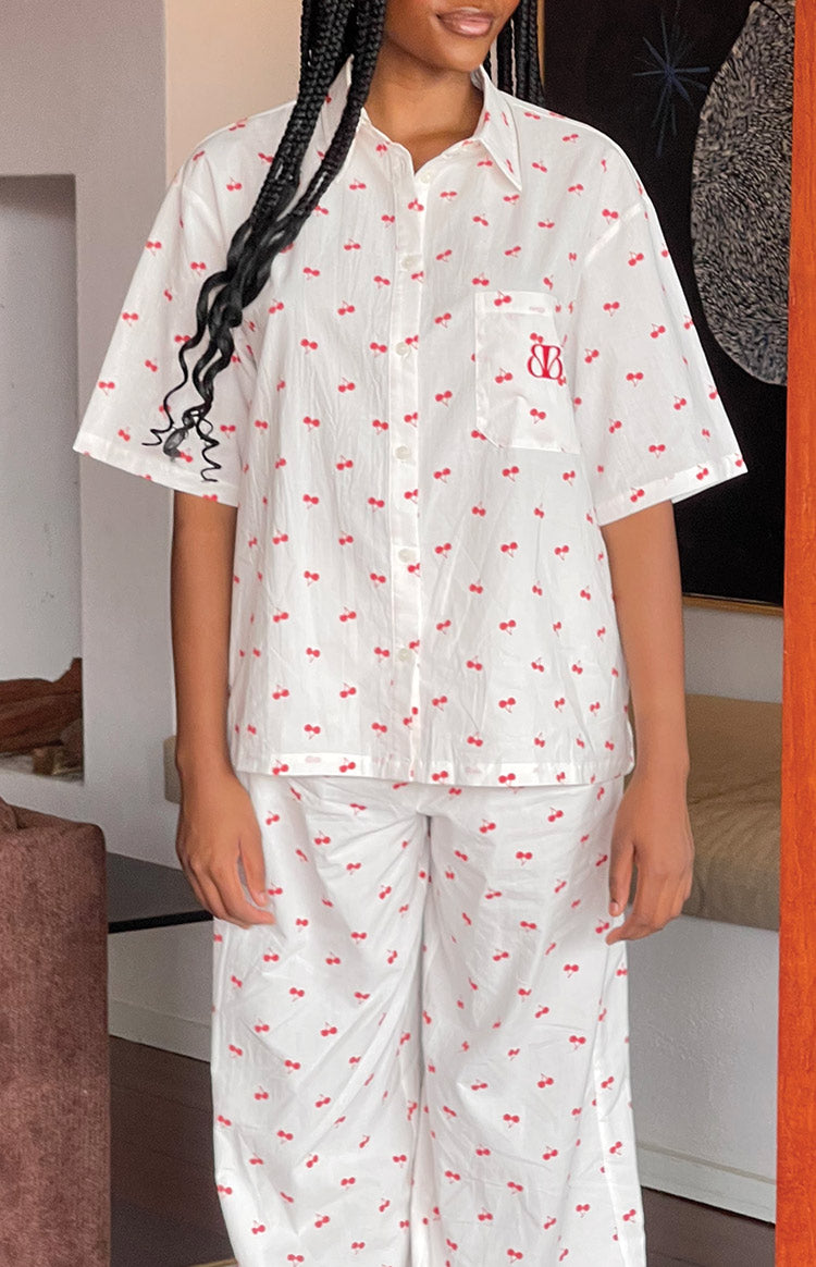 Alexea Women's Cherry Print Pajama Shirt - Soft Cotton Sleepwear for Women - Perfect for Nighttime Relaxation & Lounging at Home