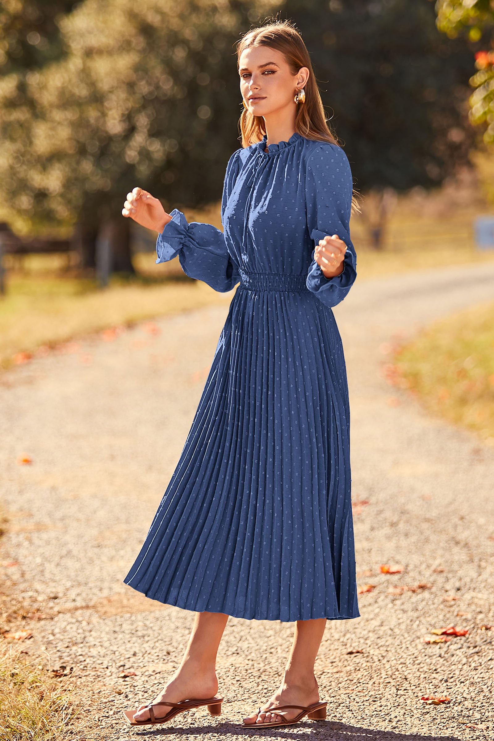 PRETTYGARDEN Women's Swiss Dot Pleated Midi Dress - Long Sleeve V-Neck A-Line Flowy Casual Dress for Spring Fall 2025 | Perfect for Office Wear, Date Nights & Special Occasions