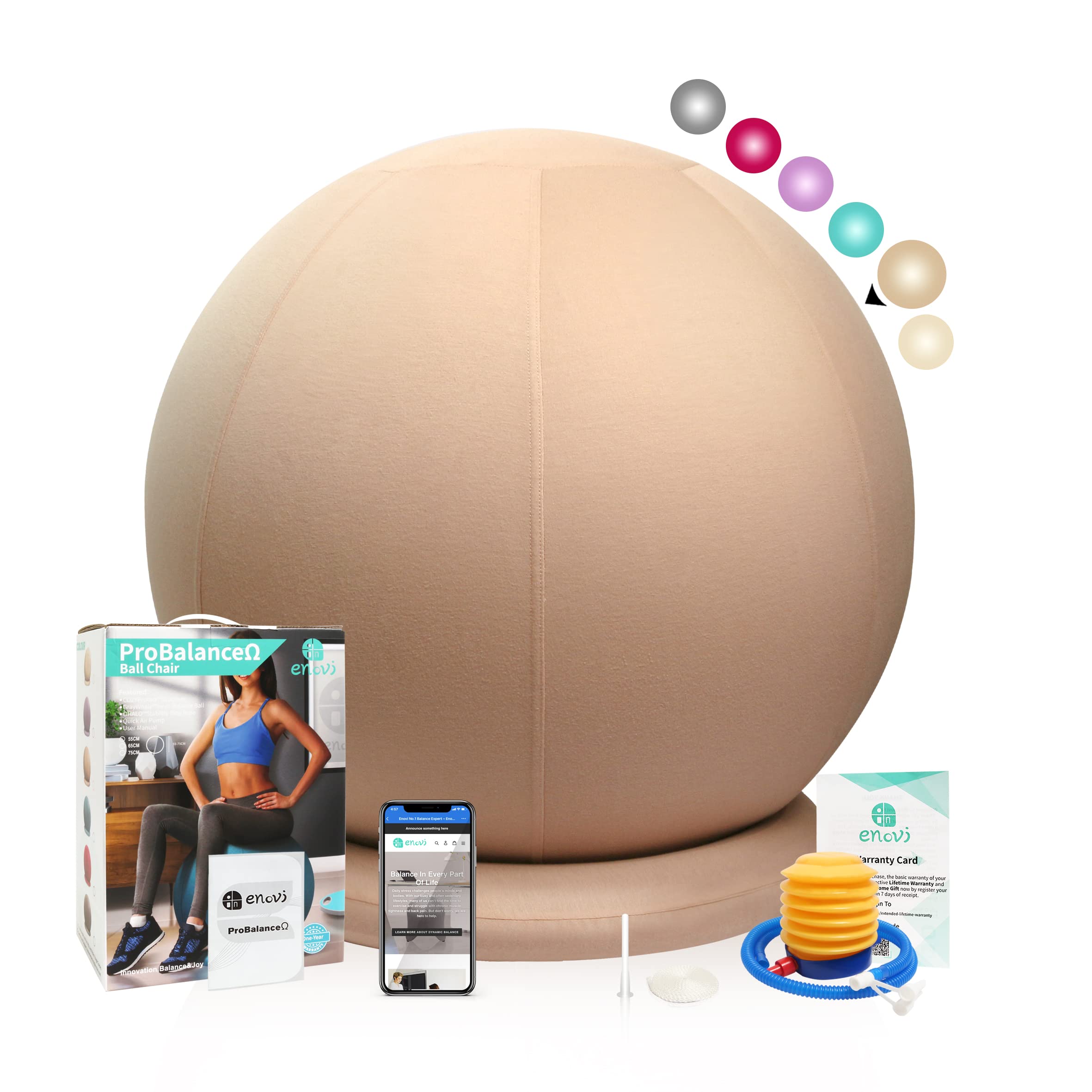 Enovi ProBalanceΩ Yoga Ball Chair with Non-Slip Base & Removable Cover - Ergonomic Exercise Ball Seat for Home Office, Pregnancy, Back Pain Relief - Stability Ball for Workouts, Birthing & Posture Correction (Multiple Colors & Sizes) - Perfect for Home Office, Yoga Studio & Physical Therapy