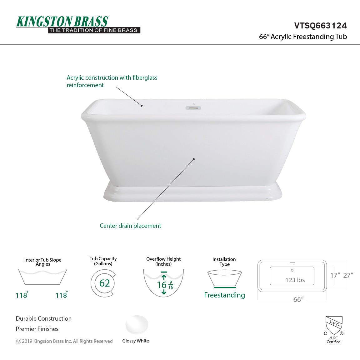 Aqua Eden 66 Inch Acrylic Oval Rectangular Double Ended Pedestal Bathtub - Glossy White Freestanding Soaking Tub with Drain (No Faucet Holes) for Luxury Bathroom & Spa Relaxation at Home