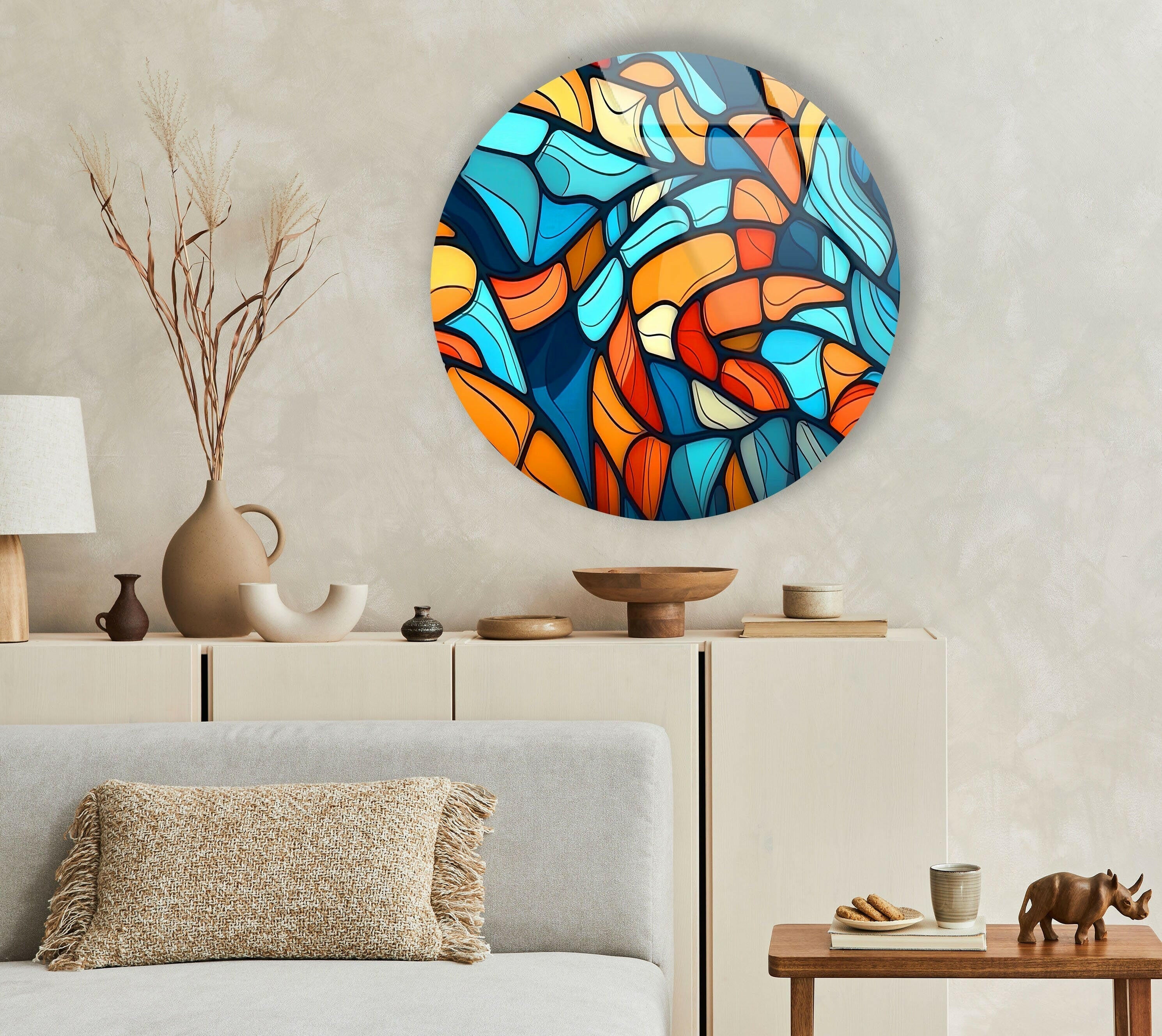 Vibrant Blue & Orange Mosaic Round Glass Wall Art - Handmade Decorative Mirror for Living Room, Bedroom, or Bathroom Décor