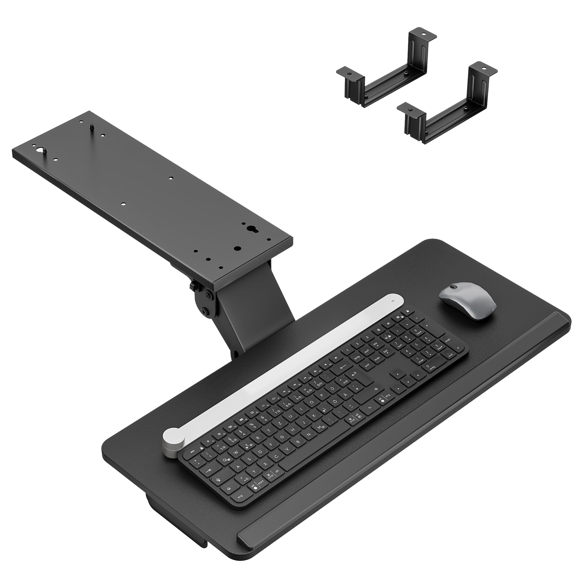 Ergonomic Under Desk Keyboard Tray with Storage Drawer - Height Adjustable, Slide Out Swivel Tilt Design - 25x11
