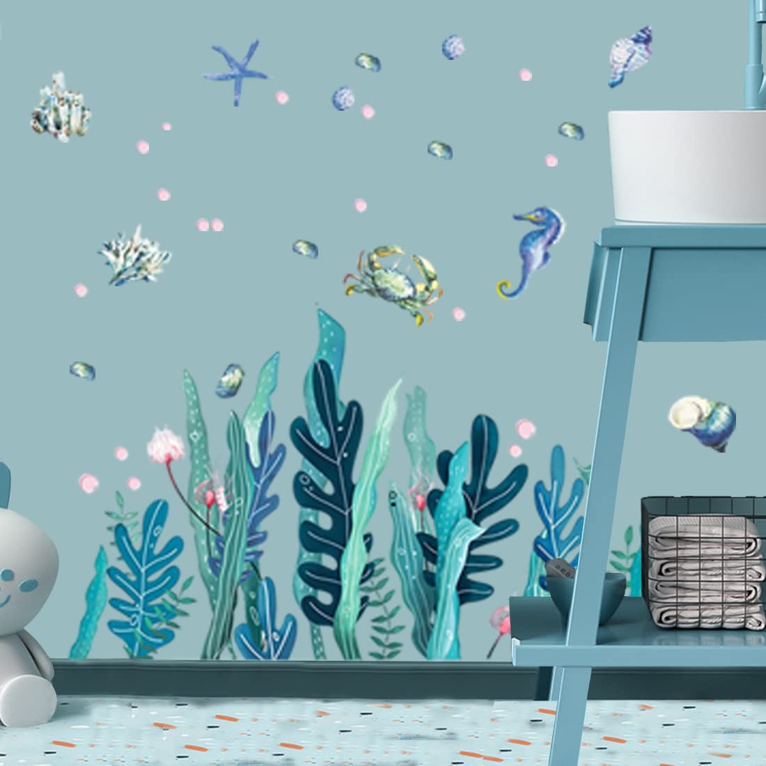 2 Sheets Under The Sea Wall Decals - 3D Ocean Sea Turtle & Grass Seaweed Stickers for Kids Room, Nursery, Bathroom Decor | Waterproof Removable Wall Art for Bedroom, Kitchen, Toilet | Perfect for Ocean-Themed Home Decoration & Underwater Party Decor