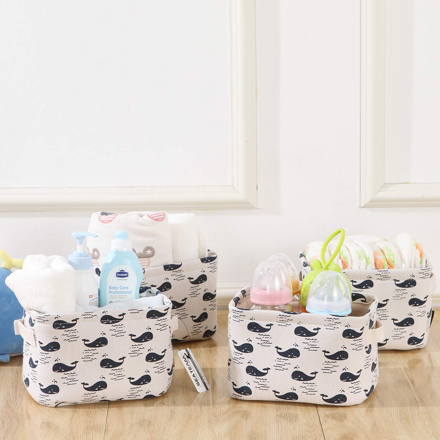 Sea Team Collapsible Square Mini Canvas Storage Bins - Set of 4 (Whale) | Foldable Fabric Organizer Baskets for Nursery, Kids Room, Closet & Office | Space-Saving Home Organization Solution