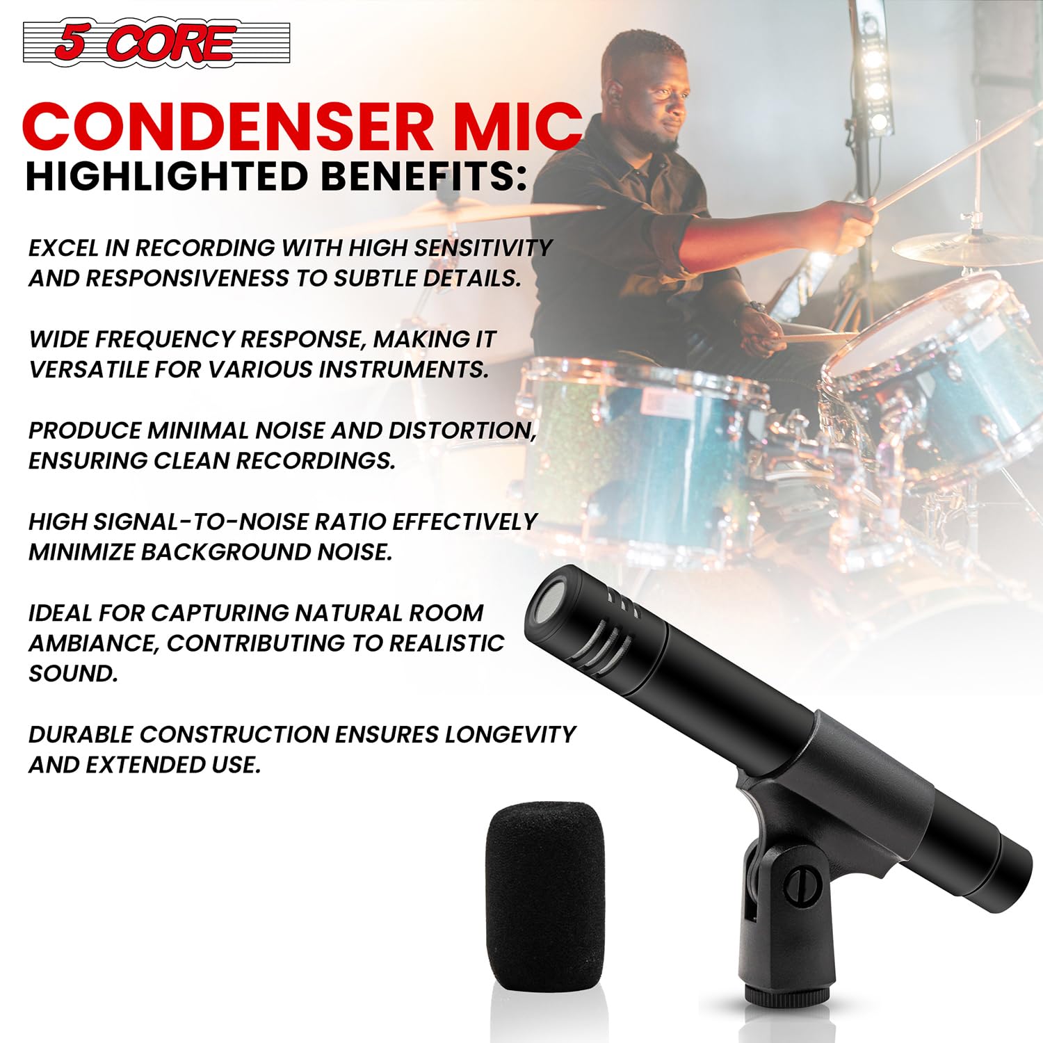 5 CORE Professional Cardioid Condenser Microphone - Pencil Mic with Windscreen, Mic Clip & Case - Ideal for Podcasting, Voice Overs, Studio Recording & Live Performances (Model: INSTRU MIC 200 BLK)