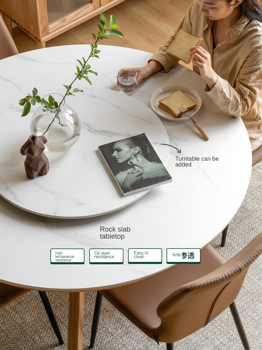 Solid Oak Wood Round Nordic Dining Table with Rock Slab Surface - Modern Farmhouse Kitchen & Dining Room Furniture for Family Gatherings